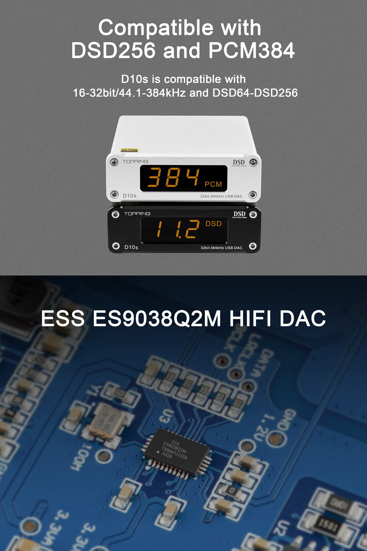 Topping D10s HiFi USB DAC - ES9038Q2M DAC XMOS XU208 PCM384kHz DSD256 Hi-Res Audio Desktop Decoder for PC Silver