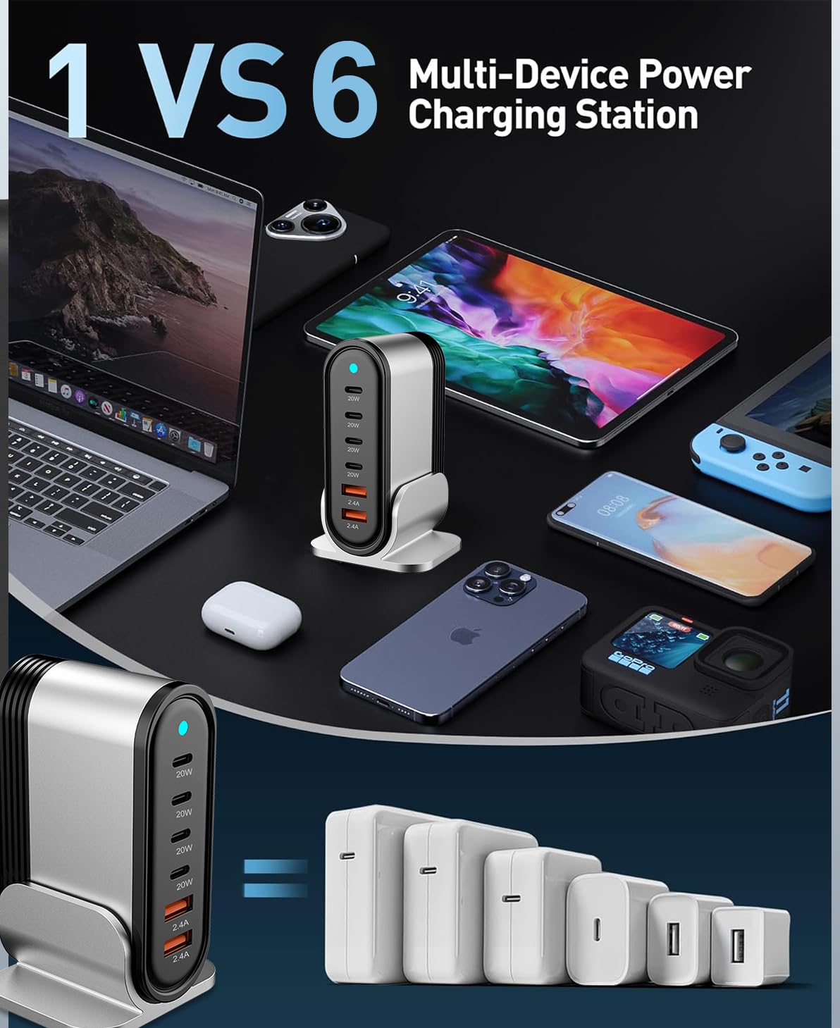 USB C Fast Charger : 6 Port Desktop Multiple Devices Power Adapter for Laptop MacBook Pro/Air, DELL, Tablet iPad Pro/Air, iPhone 16/15/14, Galaxy