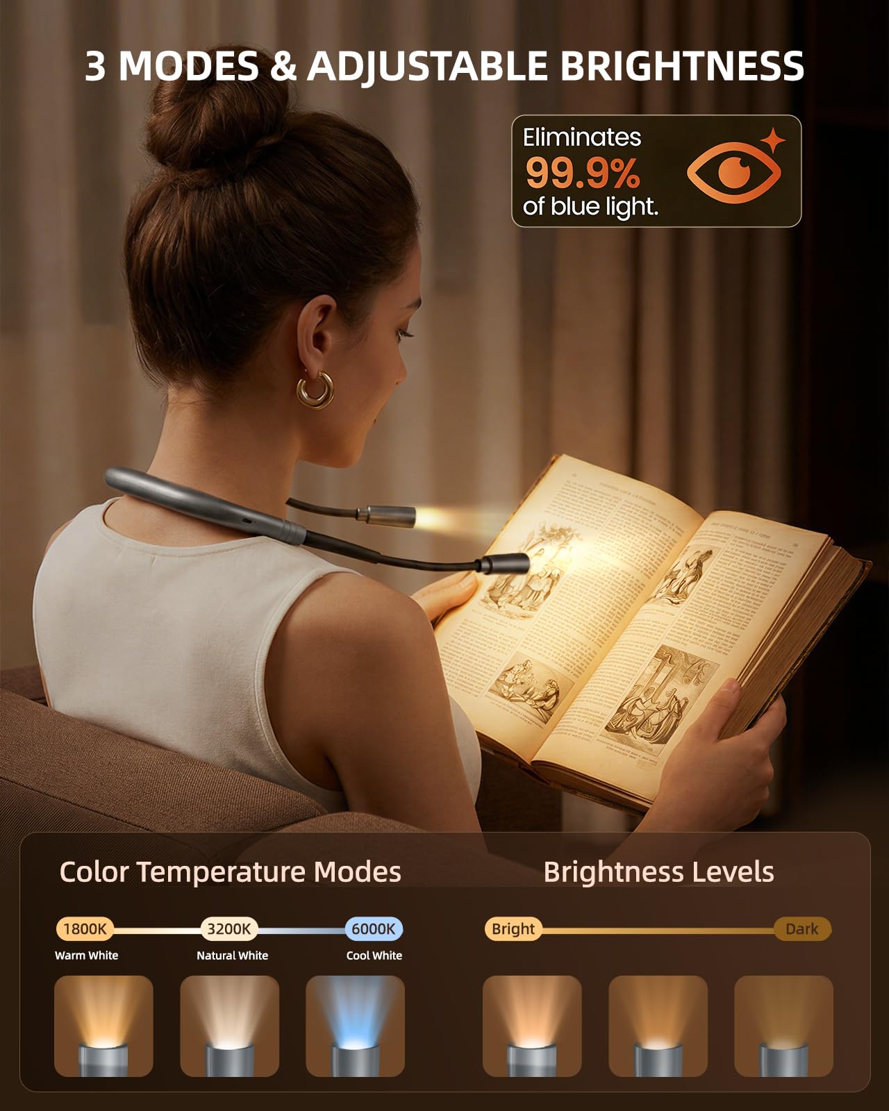 Book Light, 3-Color and Brightness Adjustable Reading Light, Rechargeable and Bendable Round Neck Design, 100hrs Runtime, Perfect Reading Lamp Gifts