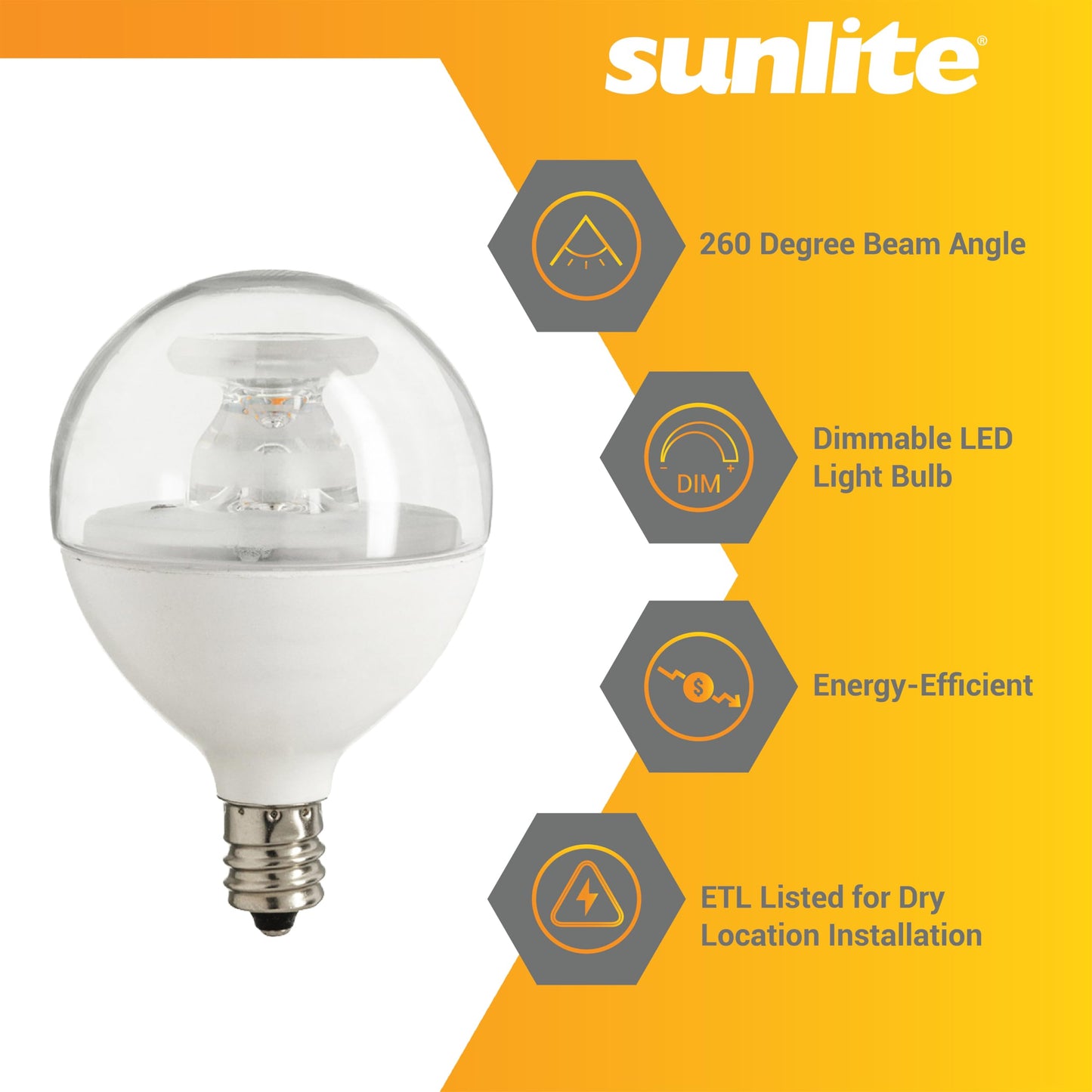 Sunlite G16.5 Light Bulb LED, 7 Watts (60W Equiv.), 500 Lumens, Dimmable, Type G Globe Shape E12 Candelabra Base, Short Bulbs, Vanity Mirror Bulbs