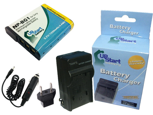 Replacement for Sony Cybershot DSC-HX20V Battery and Charger with Car Plug and EU Adapter - Compatible with Sony NP-BG1 Digital Camera Batteries