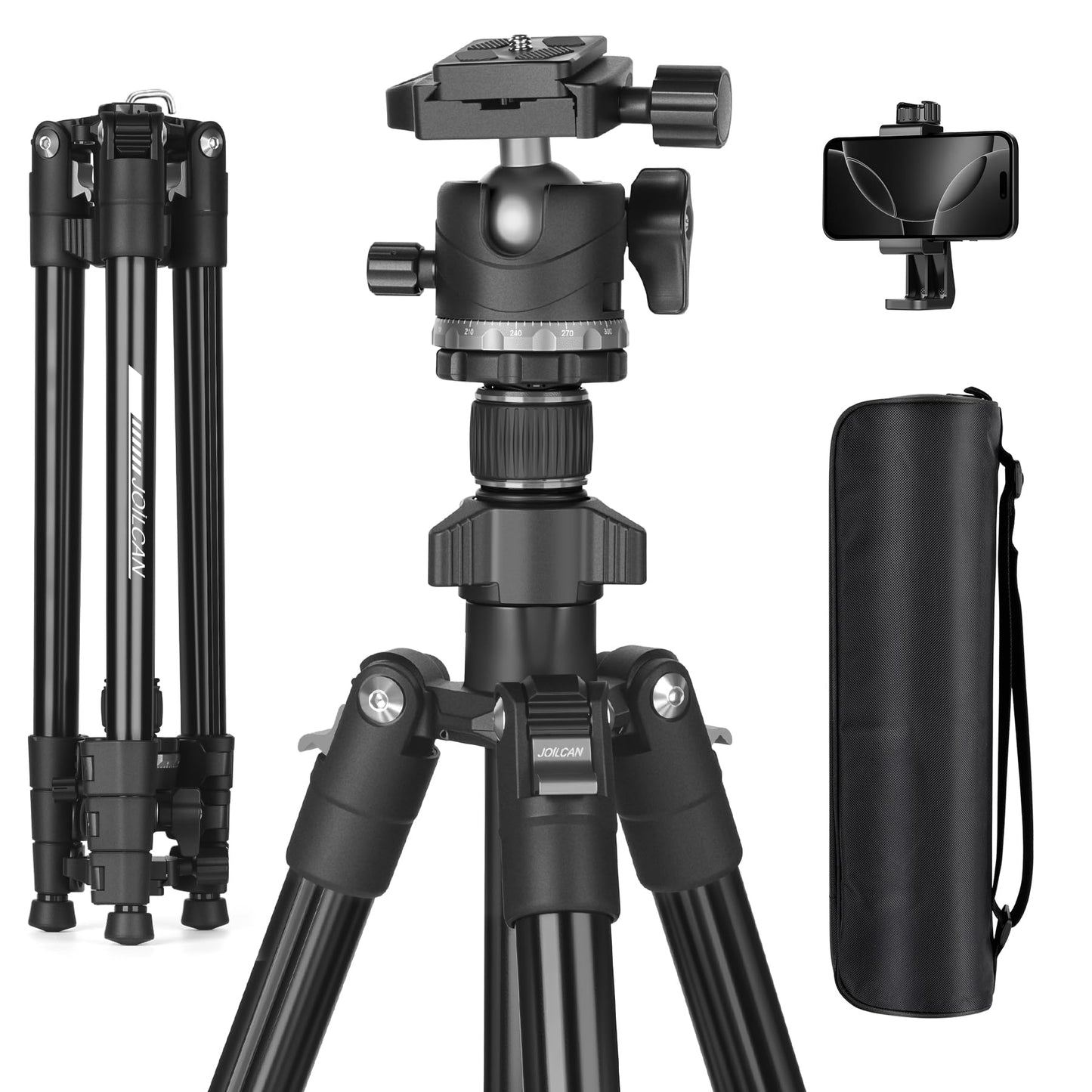 JOILCAN 66" Camera Tripod, Lightweight Travel Tripod with 360° Ball Head & Phone Holder, 22lbs Max Load for DSLR, Camera, Phone, Video & Photography
