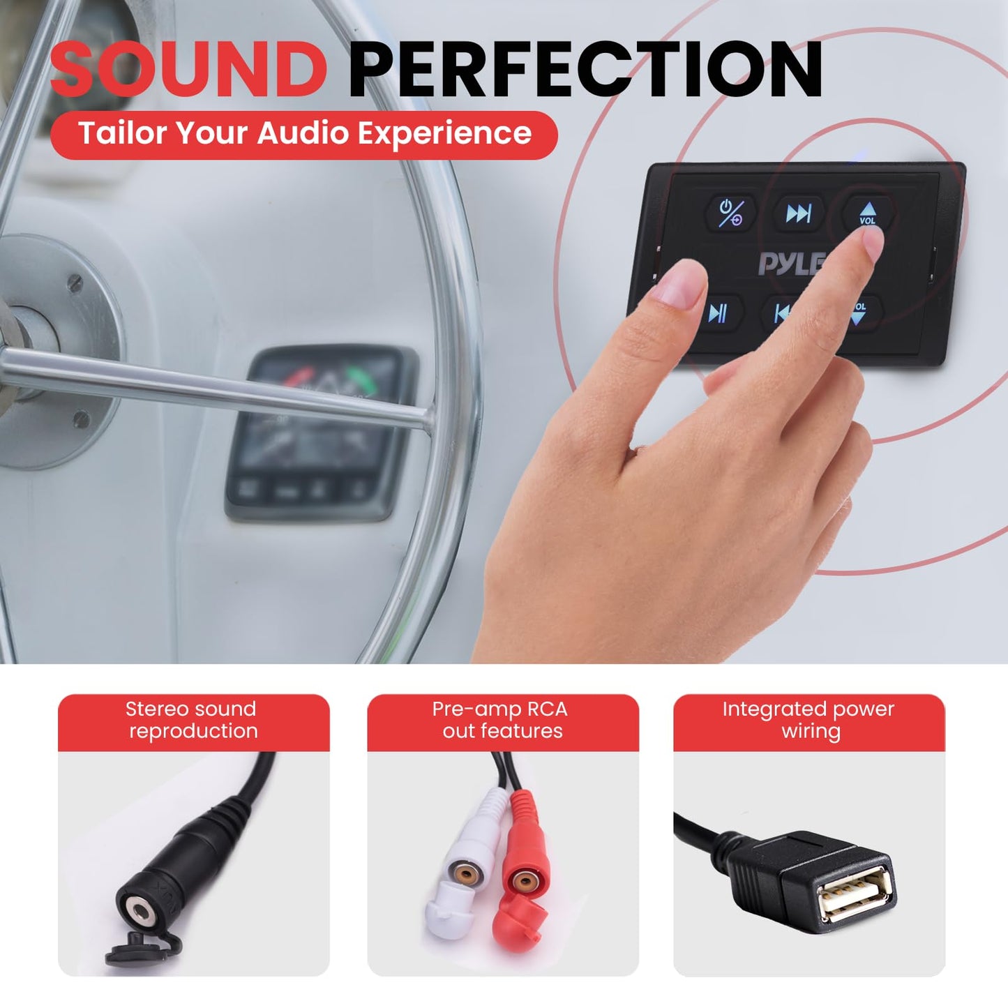 Pyle Marine Bluetooth Receiver and Audio Controller Kit, Wireless Bluetooth Adapter for Stereo with IPX6 Mic, AUX/USB Input, Audio Transmitter