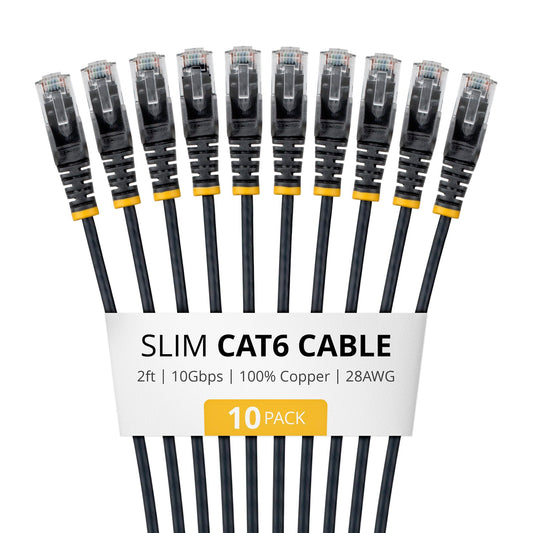 StarTech 2ft Black Slim CAT6 Cable, 10 Pack, Snagless RJ45, LSZH, 28AWG Pure Bare Copper, Slim Network Patch Cable/Cord