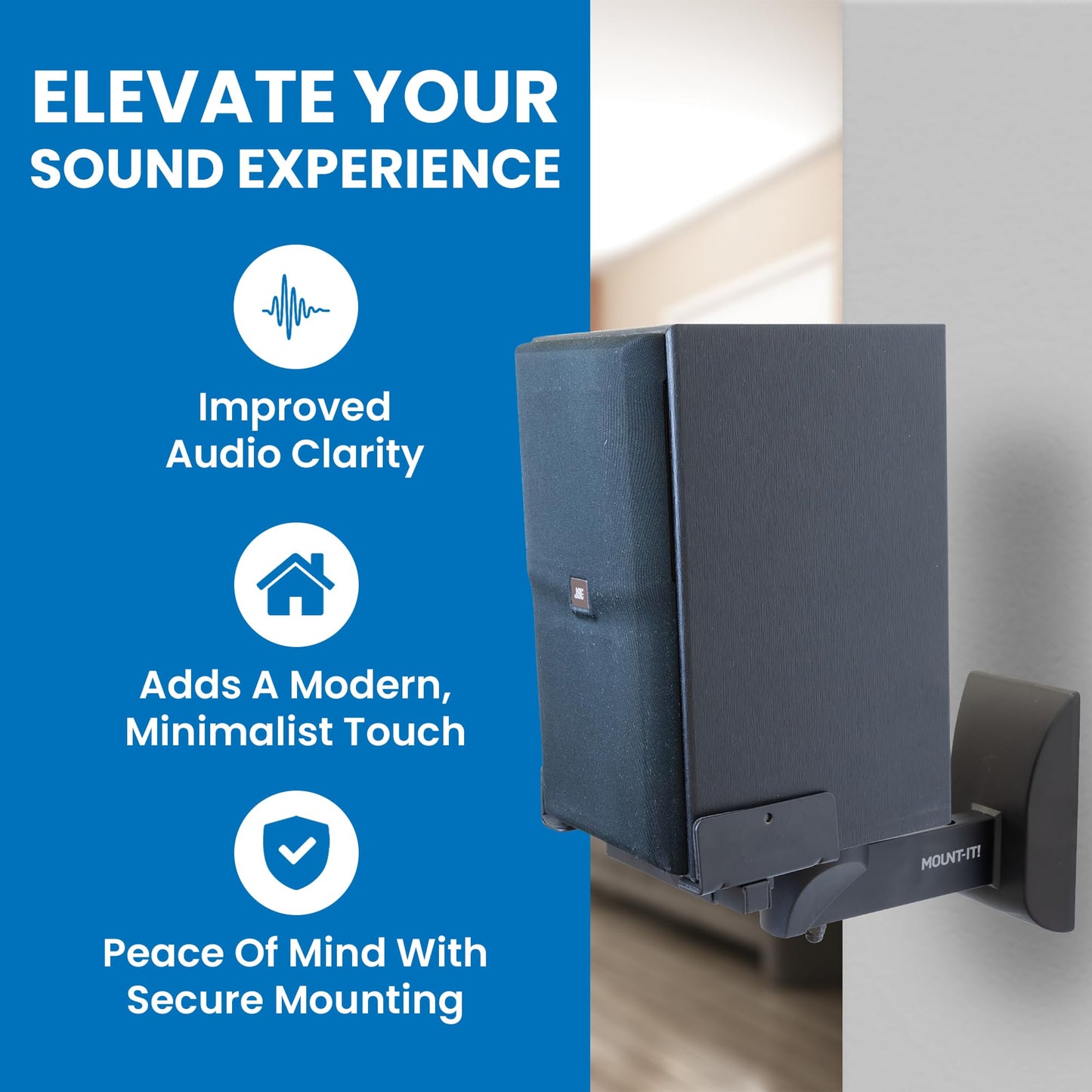 Mount-It! Bookshelf Speaker Wall Mount, Pair of Universal Side Clamping Speaker Shelf Wall Mounting Brackets for Large or Small Speakers, 2 Full
