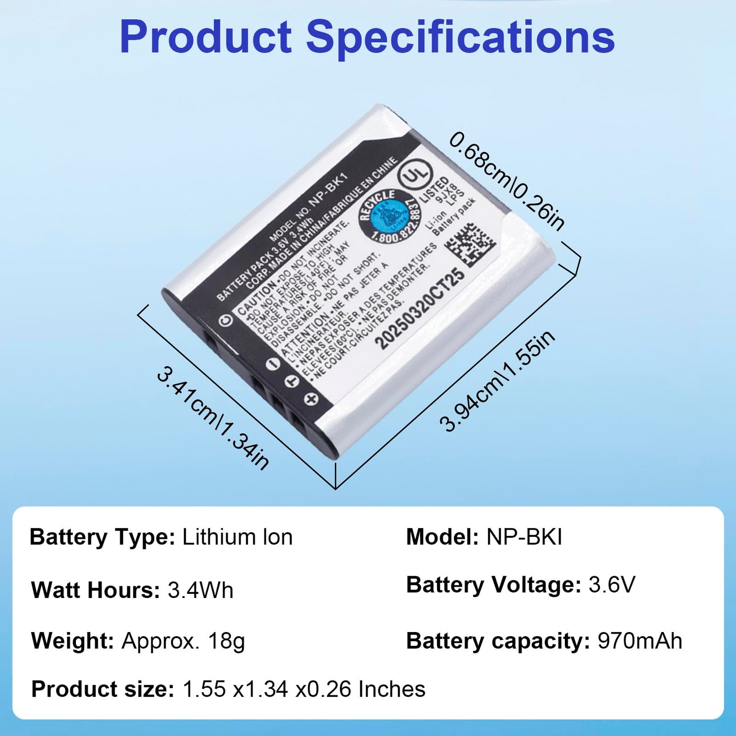 NP-BK1 970mAh Replacement Battery Compatible for Sony Cybershot DSC-W370 DSC-S750 DSC-S780 DSC-S950 DSC-S980 DSC-W190 MHS-CM1 HD MHS-PM1 MHS-PM5