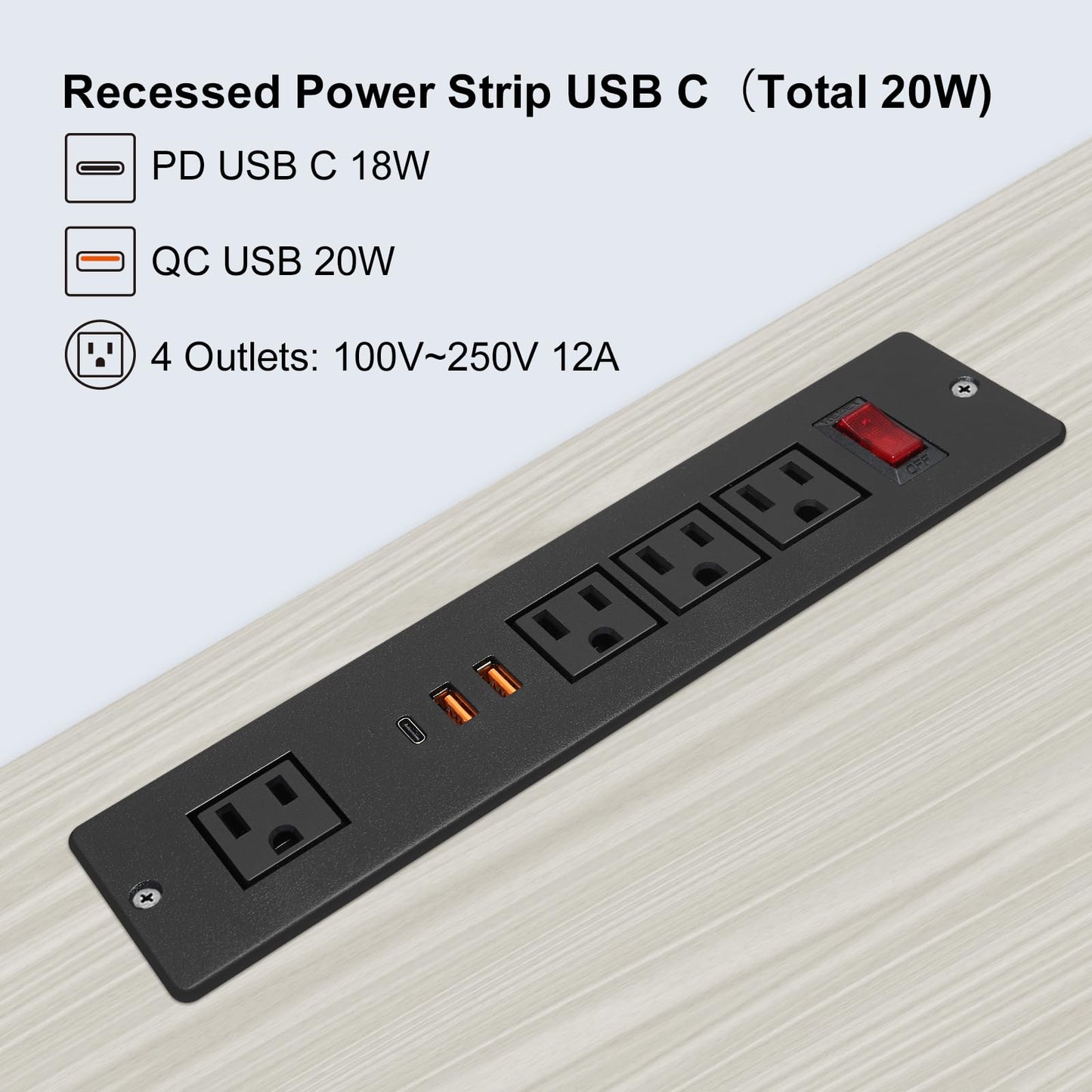 20W USB C Recessed Power Strip, Fast Charge Flush Mount Furniture Outlets,Built in Mountable Power Plug for Desk Tabletop Cabinet Drawer Nightstand