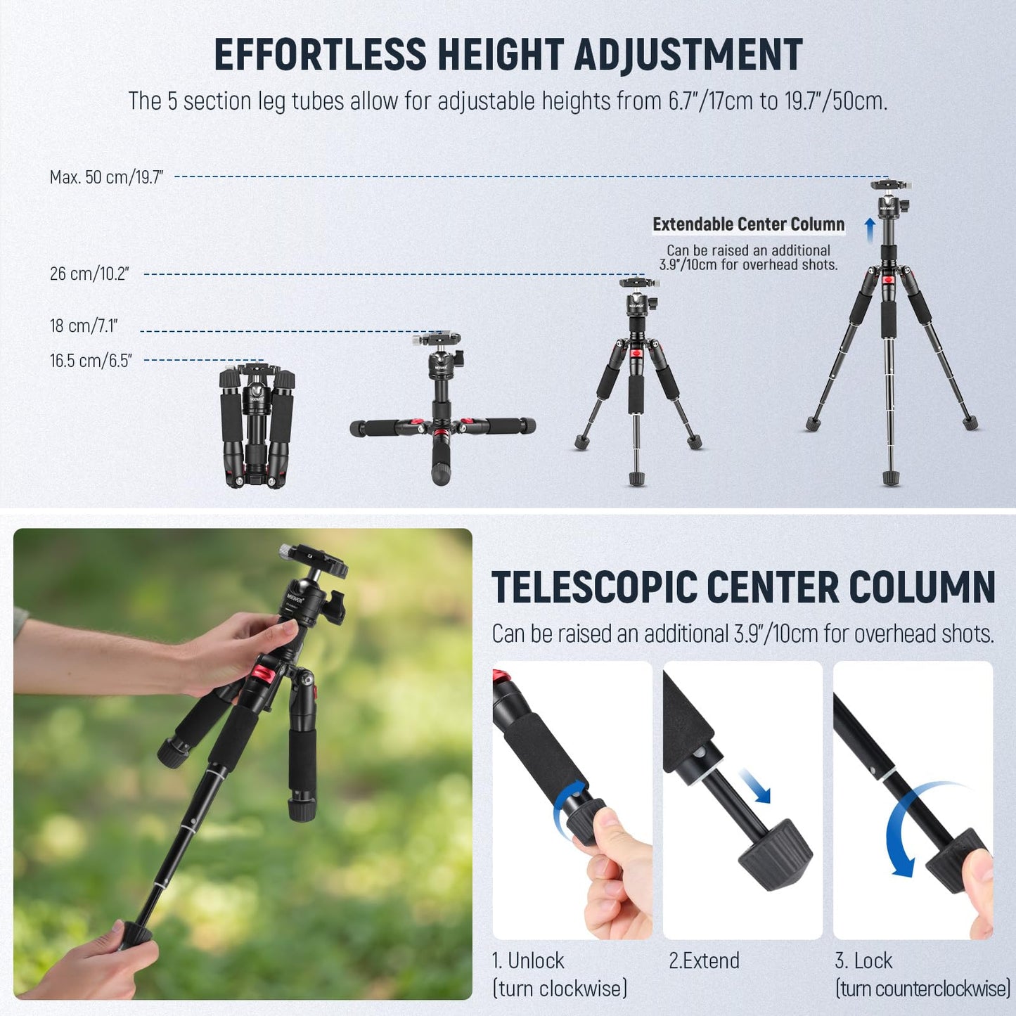 NEEWER Portable Travel Mini Tabletop Tripod, Aluminum Alloy 20''/ 50cm Desktop Desk Tripod with 360 Degree Ball Head, 1/4" Quick Shoe Plate for DSLR