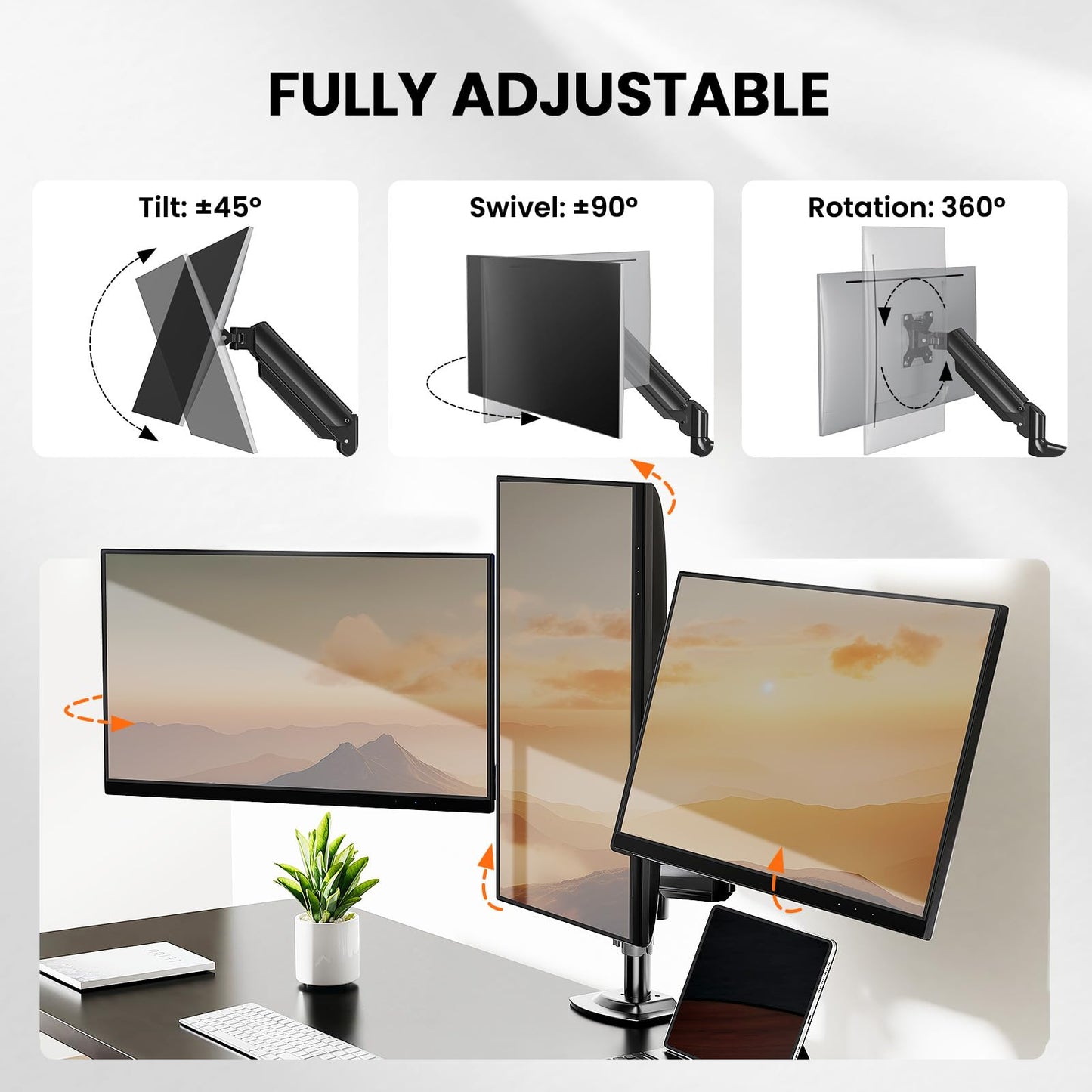 ErGear Triple Monitor Mount for 13-27 inch Screens, Premium Aluminum Triple Monitors Stand up to 17.6 lbs, Sturdy 3 Monitor Desk Mount with Swivel
