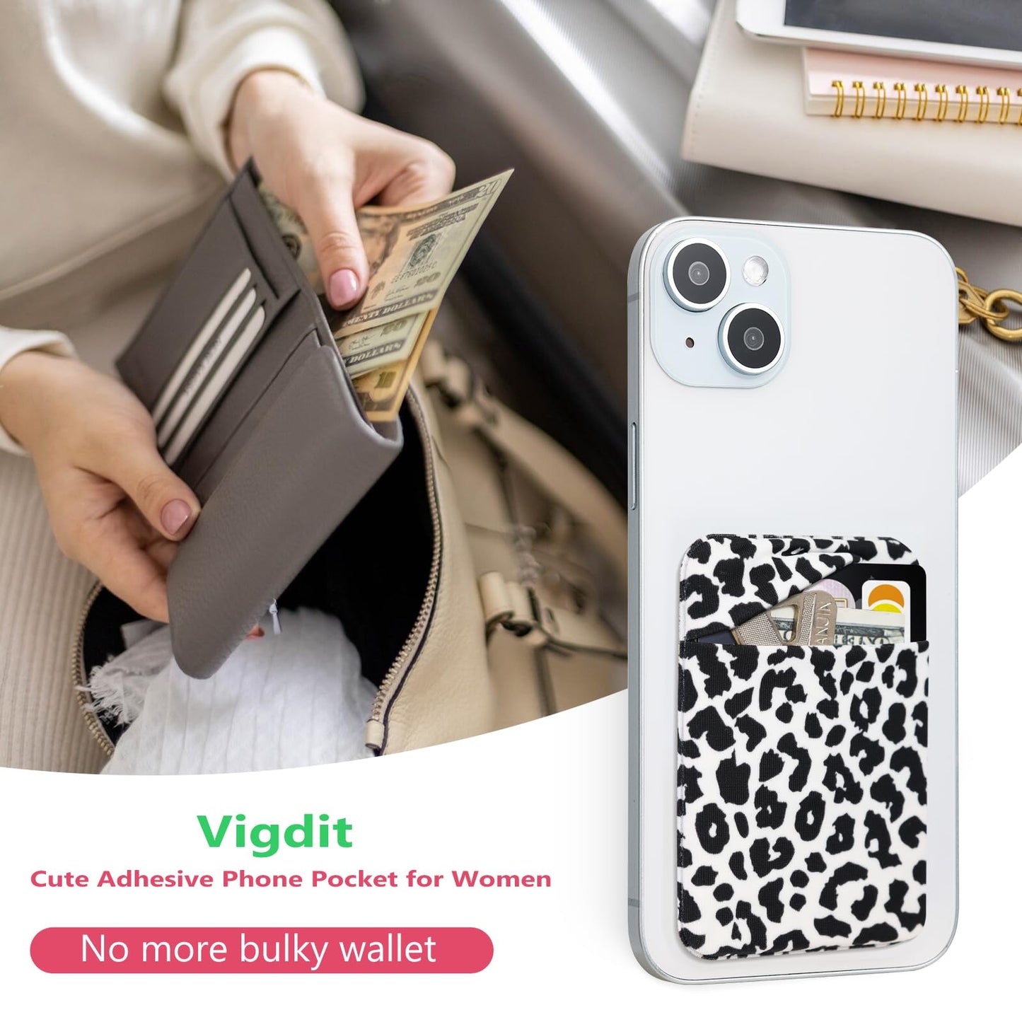 Vigdit Credit Card Holder Phone Wallet Stick On, 2 Pack Adhesive Cell Phone Sleeve for iPhone/Samsung/Android,Cute Sticky Wallet Phone Case