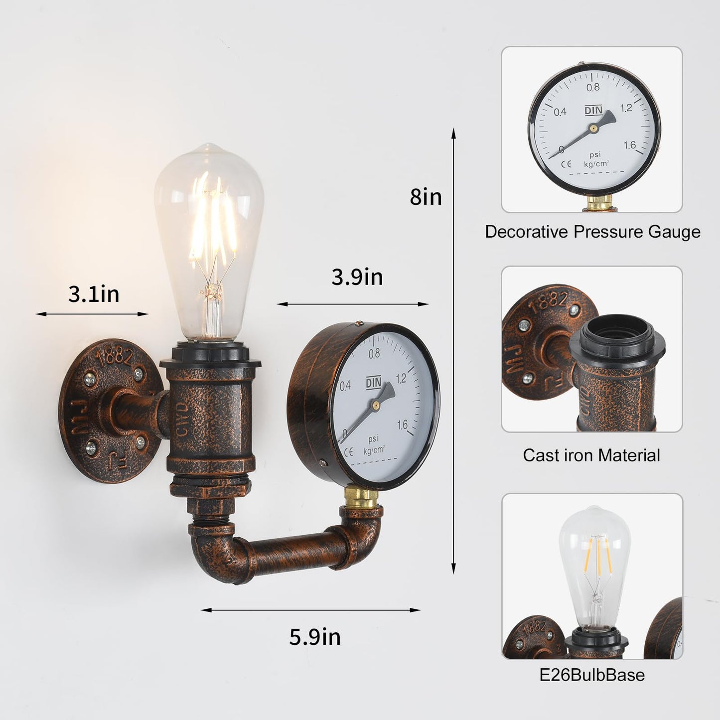 XEYOU Cast Iron Steampunk Wall Sconce Vintage Industrial E26 Edison Bulb Fixture Retro Pipe Wall Lamp for Cafe Bar Restaurant Bedroom Living Room