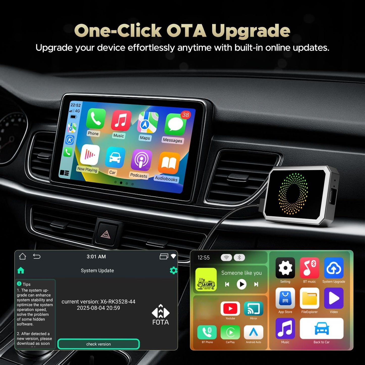 TOGUARDGO 3-in-1 Wireless Carplay Adapter Magic AI Box with YouTube TikTok APPs Upgrade Wired Car Play to Wireless Support USB Drive for iPhone 10+