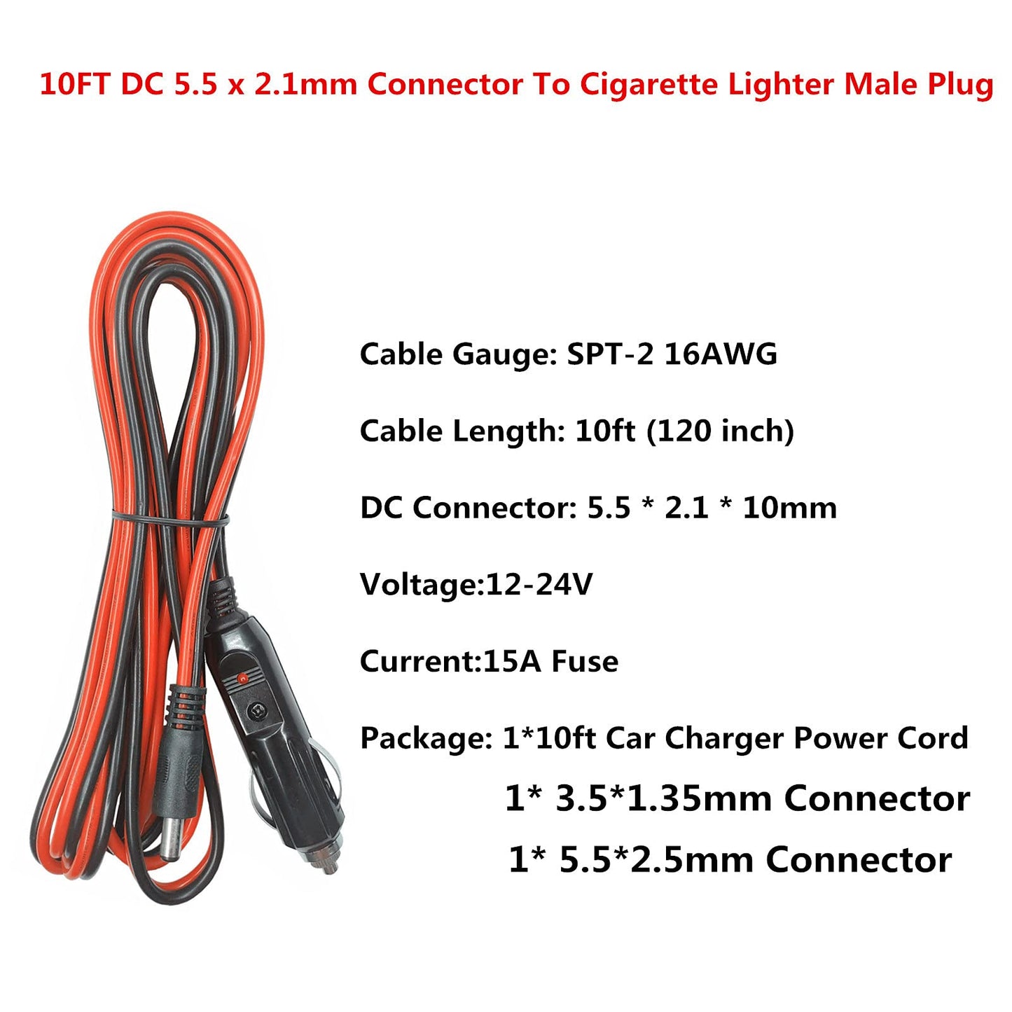 AEISVIK DC Car Charger Cable - 5.5mm x 2.1mm Connector to Cigarette Lighter Male Plug With Extra 2 Connectors 12-24V 15A Auto Power Supply Cord