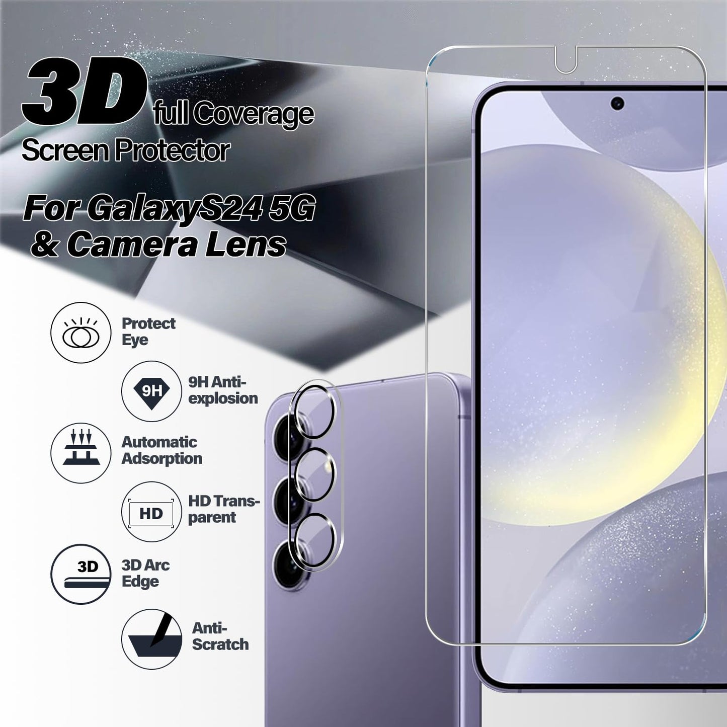 BIGFACE Galaxy S24 Tempered Glass Screen Protector + Camera Lens Protector [ 2 + 2 Pack ][Case Friendly] [Anti-Scratch] [Ultrasonic Fingerprint
