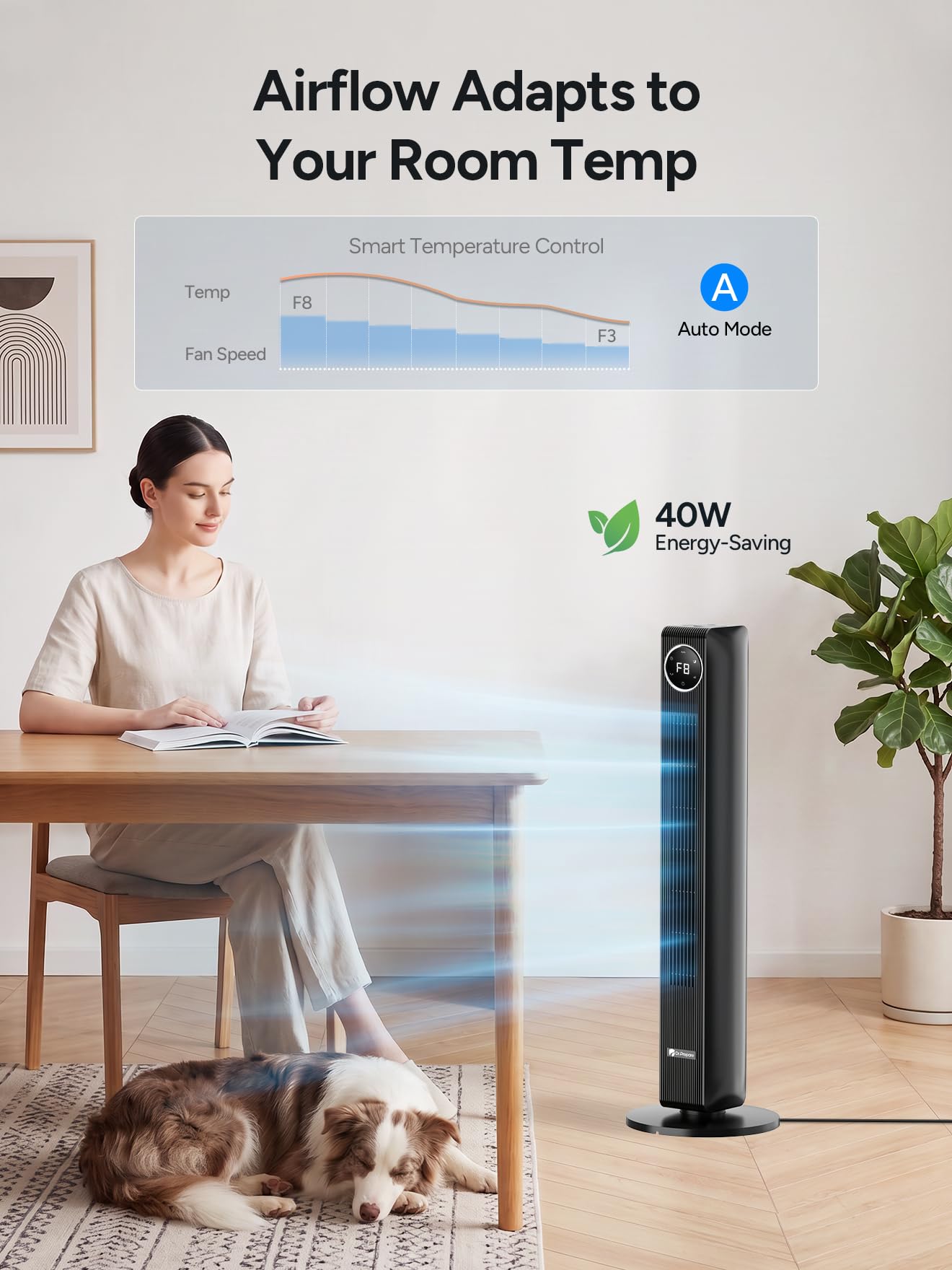 DR.PREPARE 40” Tower Fan for Bedroom, 30ft/s Airflow, 8 Speeds, Quiet Standing Fan, 85° Oscillating Cooling Fan, 3 Modes, 12H Timer, Bladeless Fan