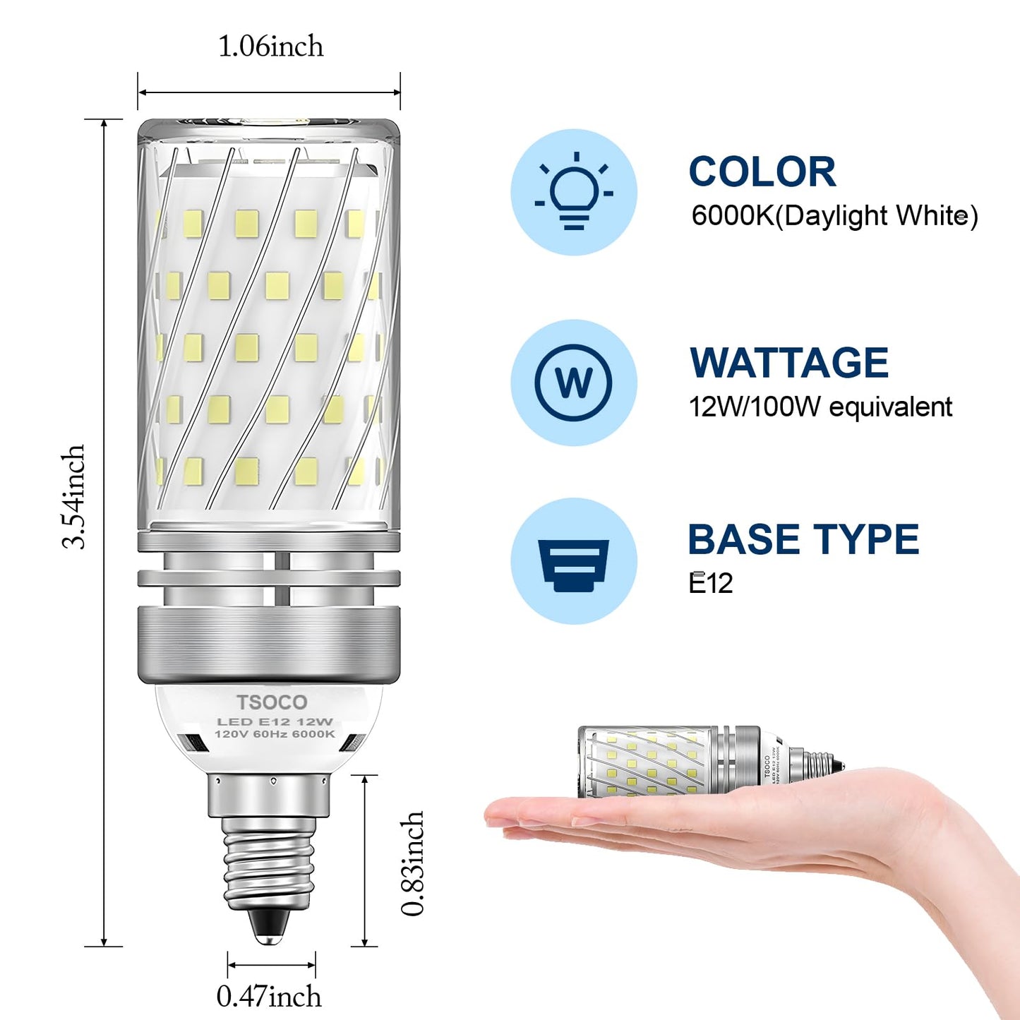 TSOXCO E12 LED Bulbs, 12W Chandelier Light Bulbs 6000K Daylight White, 1200LM 100W Equivalent Non-Dimmable, PC Aluminum Shell, 3 Pack