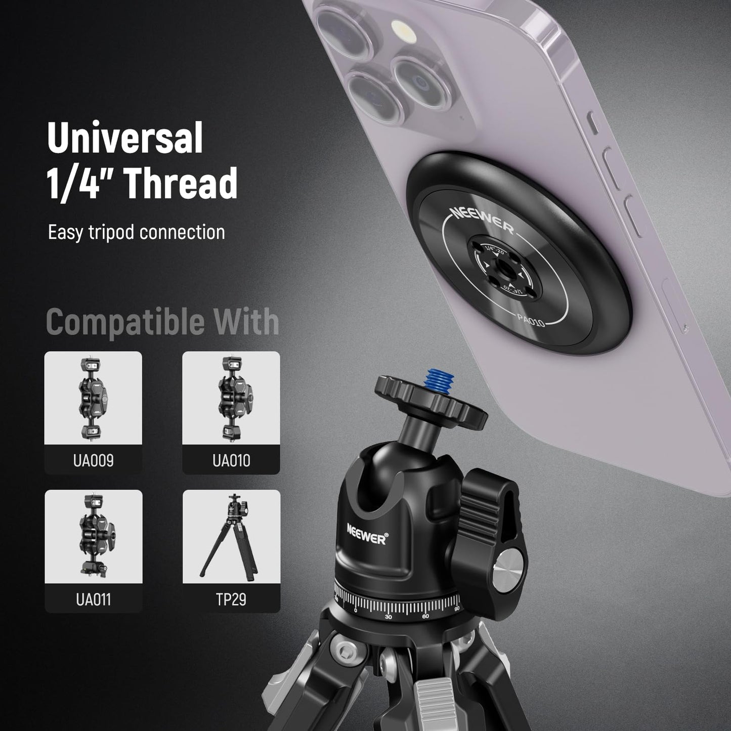 Neewer Magnetic Phone Tripod Mount Adapter with Adhesive Magnetic Ring 2 Pack Compatible with MagSafe iPhone 16 15 Pro Max Plus 14 13 12, 1/4" Thread