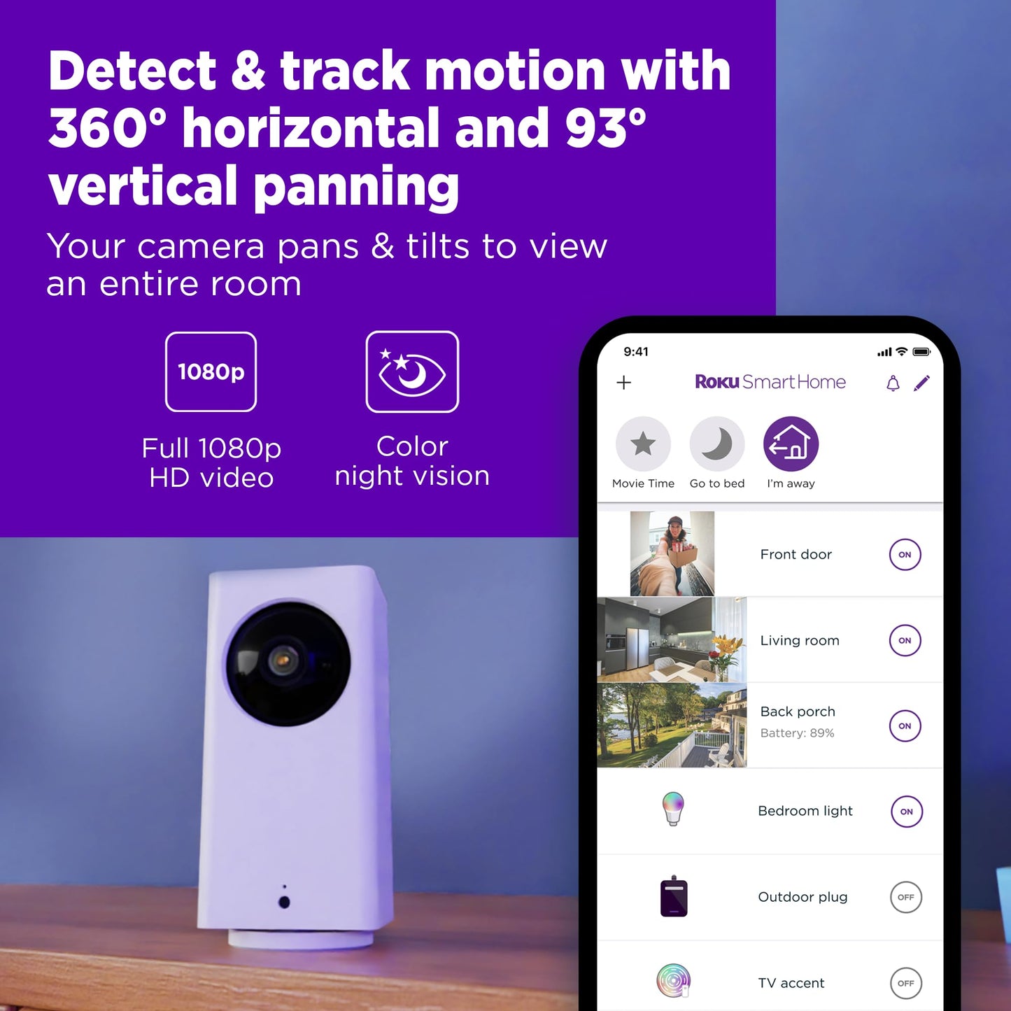 Roku Indoor Camera 360° for Home Security - Security Camera with 1080p HD Color Night Vision, Works with Alexa & Google, Motion Detection & Tracking
