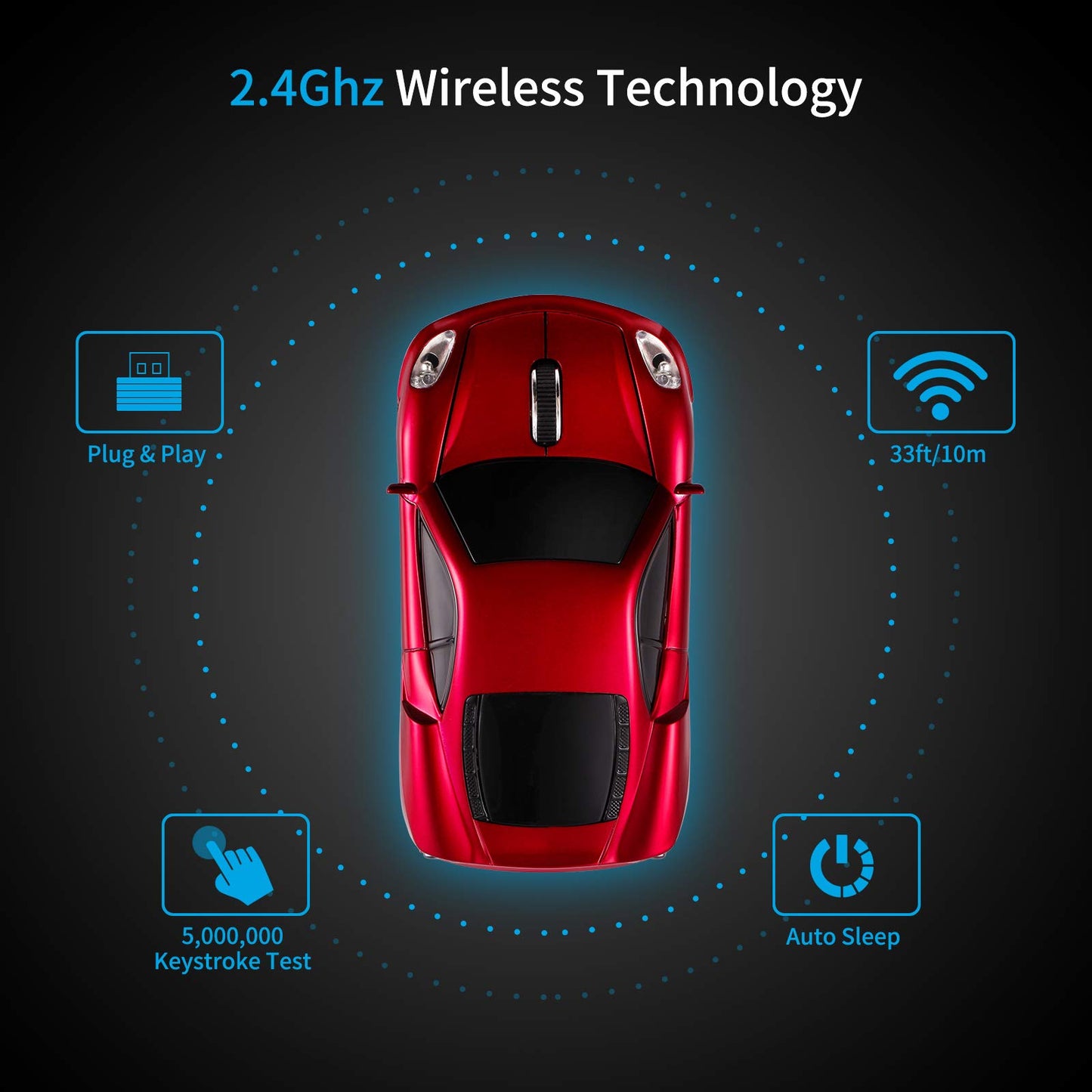 BKLNOG Sports Car Computer Mouse [Updated] with LED Headlights, 1600 DPI 2.4 GHz Wireless Mouse for PC & Mac, Red
