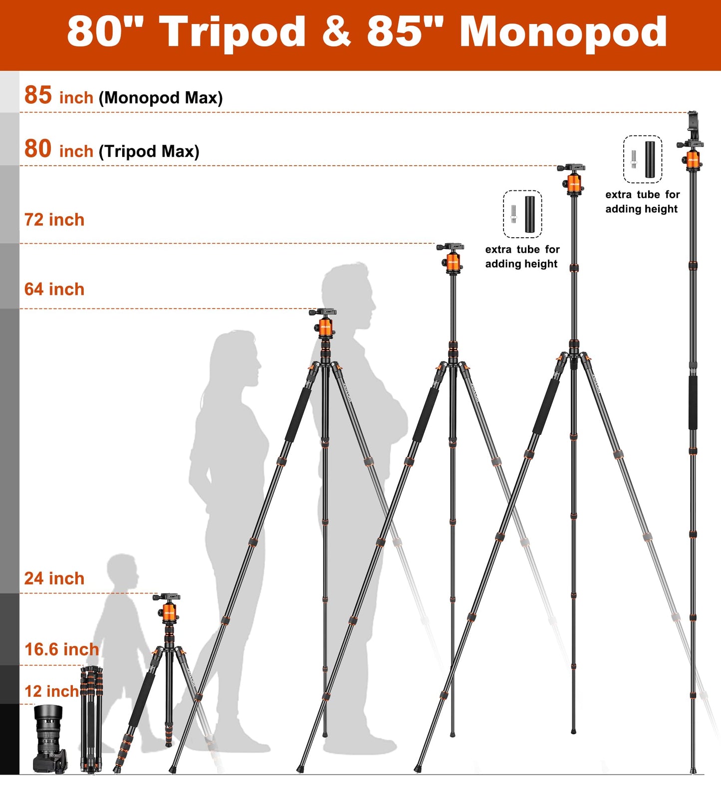 80/85 inches Heavy Duty Tripod for Camera and Phone, 85" Camera Monopod Tripods, DSLR Binoculars Spotting Scope Camcorders Video Tripod Stand, 360
