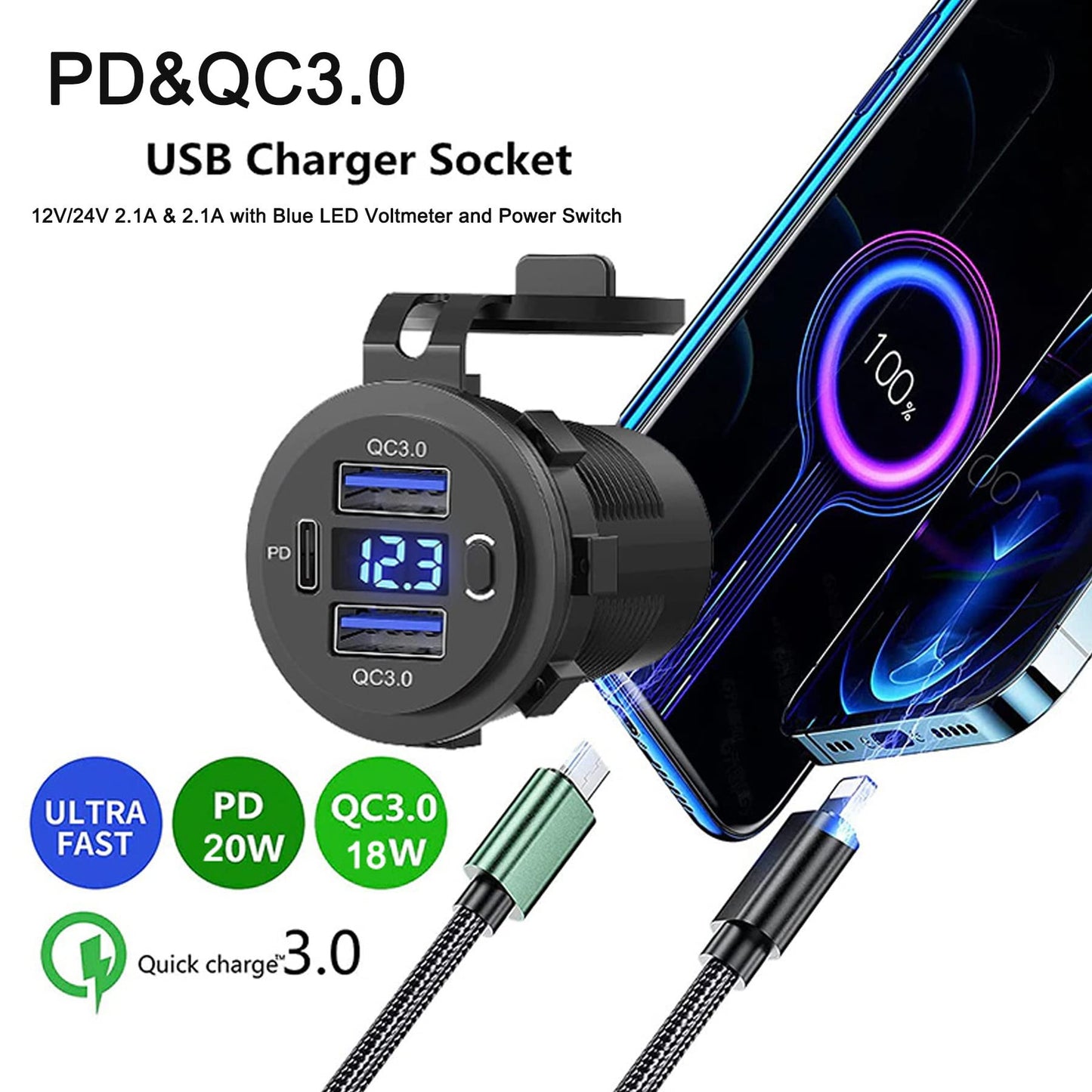 Zennova [5 Pack] 12v USB Outlet, Dual USB Quick Charge 3.0 Port and PD USB C Car Charger Socket Waterproof with Voltmeter and Power Switch for Car