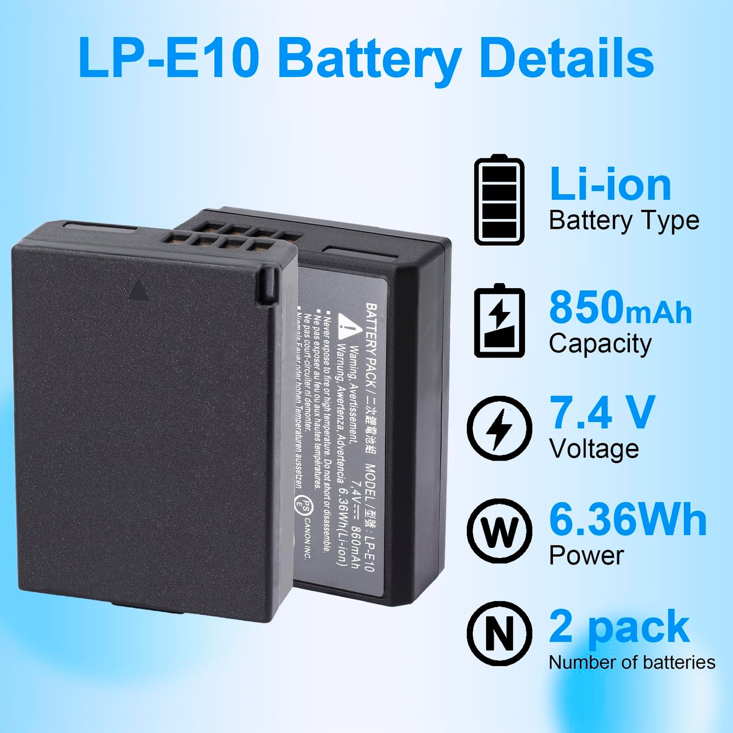 LP-E10 Battery 2 Pack 860mAh with Rapid Charger for Canon EOS Rebel T7 T6 T5 T3 T100 4000D 3000D 2000D 1500D 1300D 1200D 1100D DSLR Digital Camera