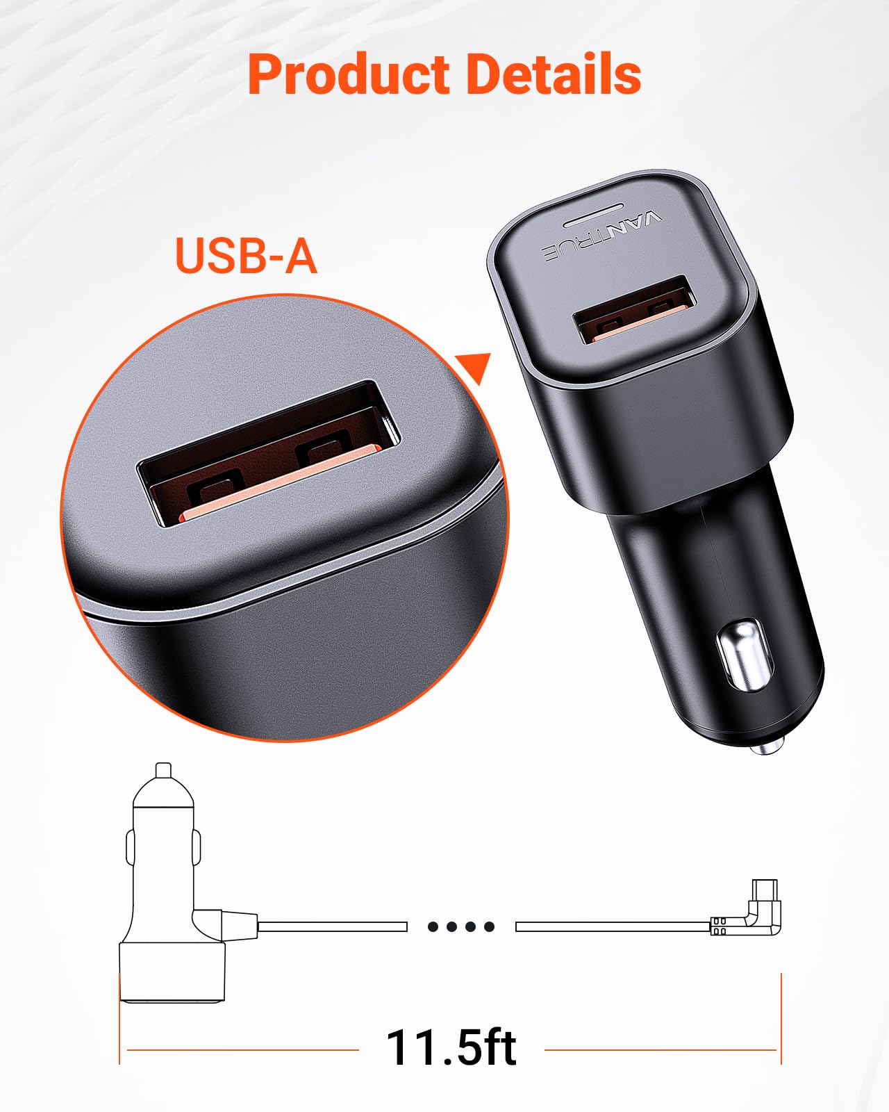 Vantrue 11.5ft USB-C Car Charger for Vantrue N4 Pro(S), N4(S), N5(S), N2X, S1Pro(MAX), E1 Pro, E1 Lite, E2, E360 Dash Cam