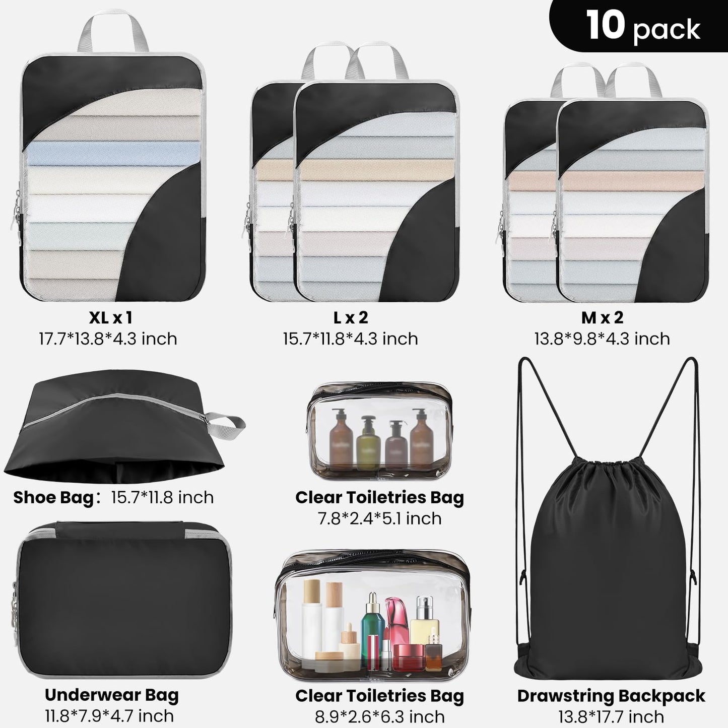 10 Set Compression Packing Cubes – Lightweight, Stretchable Travel Storage Bags for Luggage & Accessories, 10 Pcs, Black