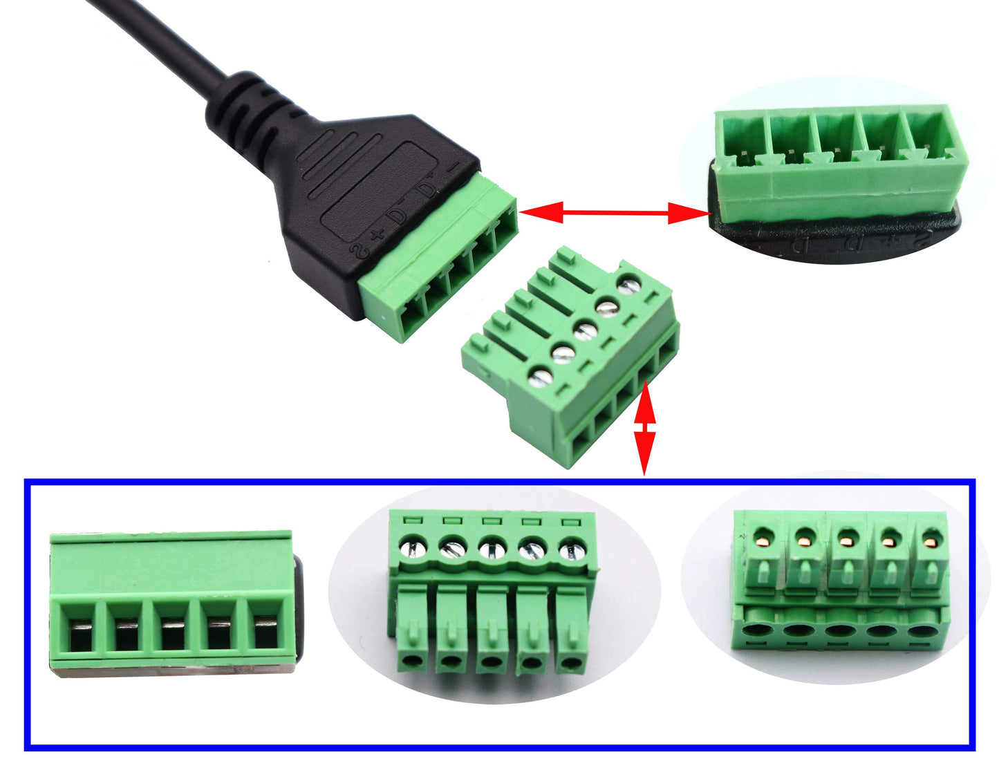 zdyCGTime Type C USB Screw Terminal Block Connector Cable 2.0 Type C USB Male Plug to 5 Pin Way Female Bolt Screw with Shield terminals Pluggable Type