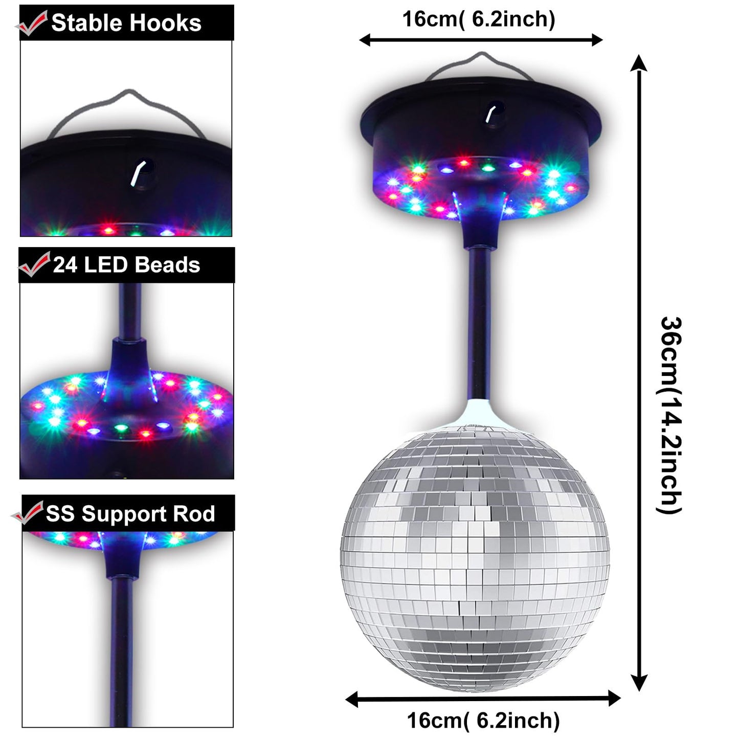 Remote Control 6 Inch Rotating Mirrors Disco Ball Light with 5RPM-9RPM Adjustable Rotary Motor 24 RGB LED Mood Lights Great for Home Party Dance