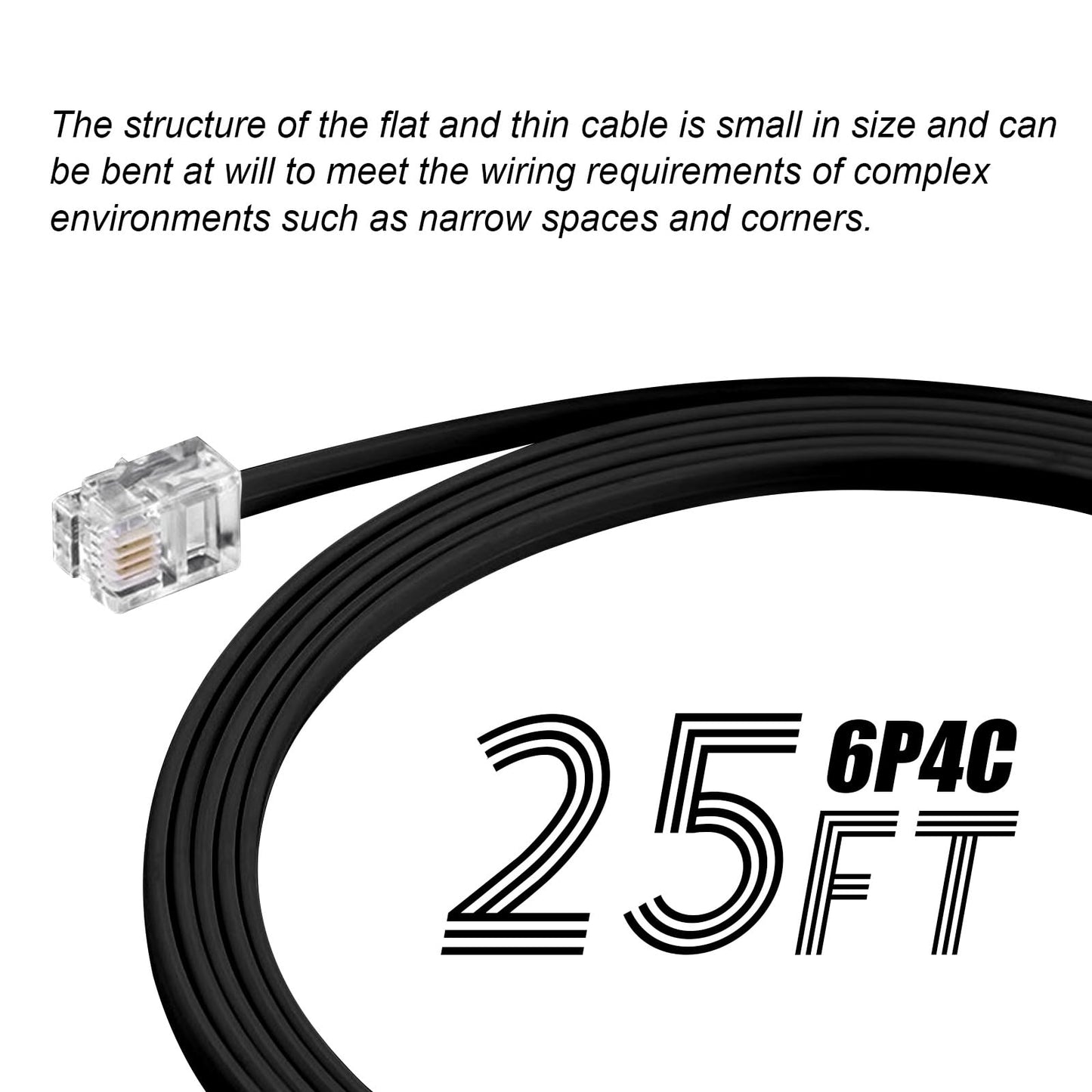 OLIREXD Black 25FT Phone Telephone Extension Cord Cable with Standard RJ11 6P4C Plugs for Telephone, Fax, Modem, Answering Machine (2 Pack)