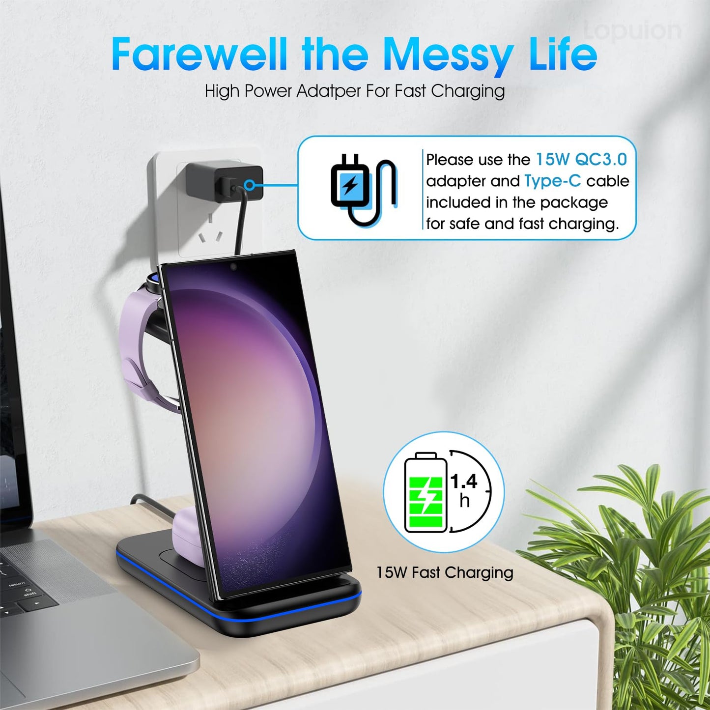 Wireless Charging Station for Samsung/Android, Fast Wireless Watch Charger Station Compatible for Samsung Galaxy S25 Ultra/S24/S23+/Z Flip 7/6 Fold