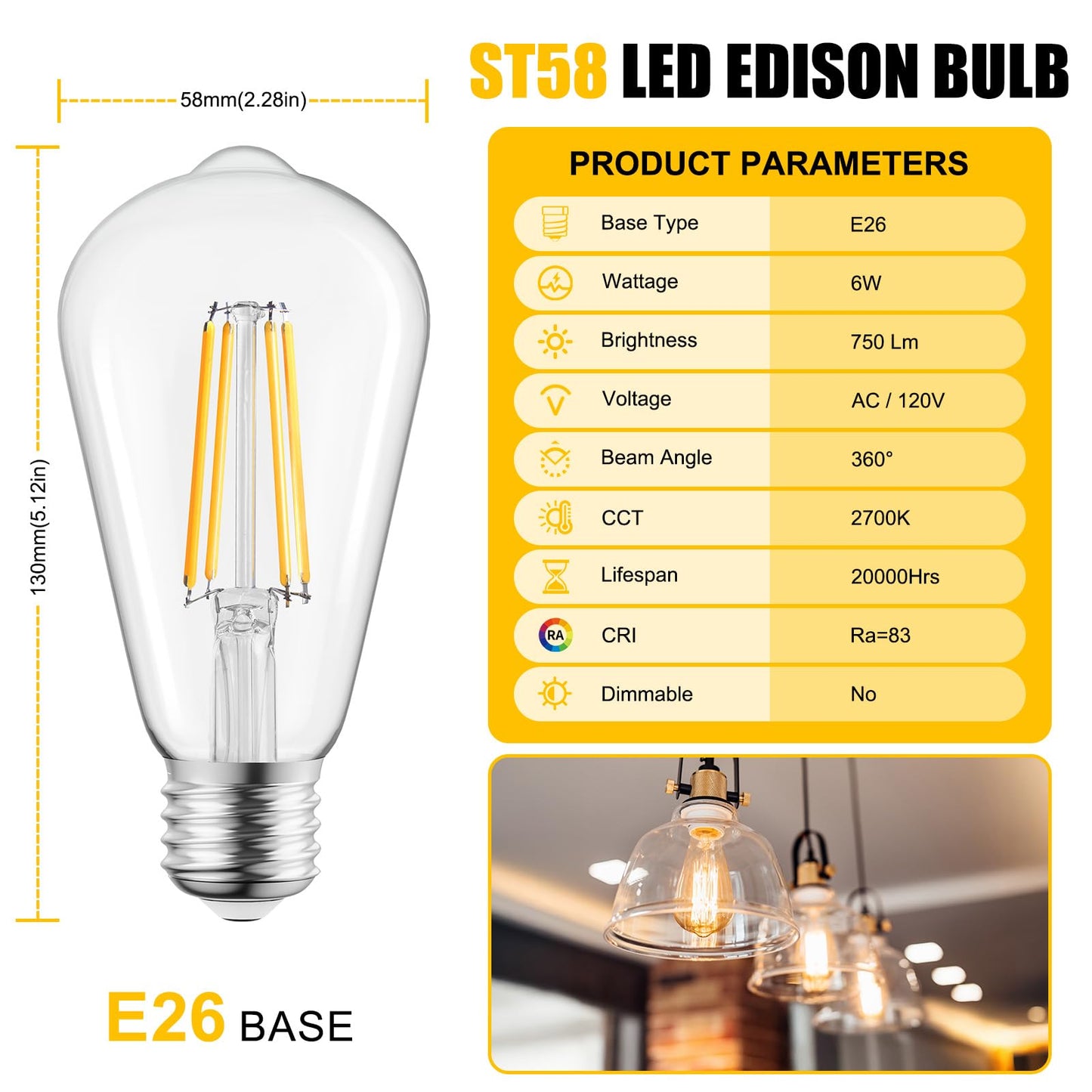 Brightown 4Pack Edison Light Bulbs, E26 Base 2700K Warm White,Non-Dimmable