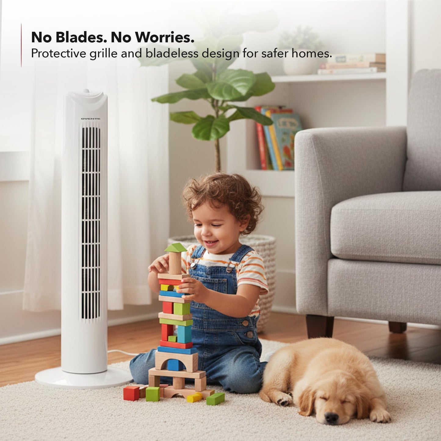 OVENTE 32" Bladeless Tower Fan,90° Oscillation, 3 Speeds, White TFO3SW