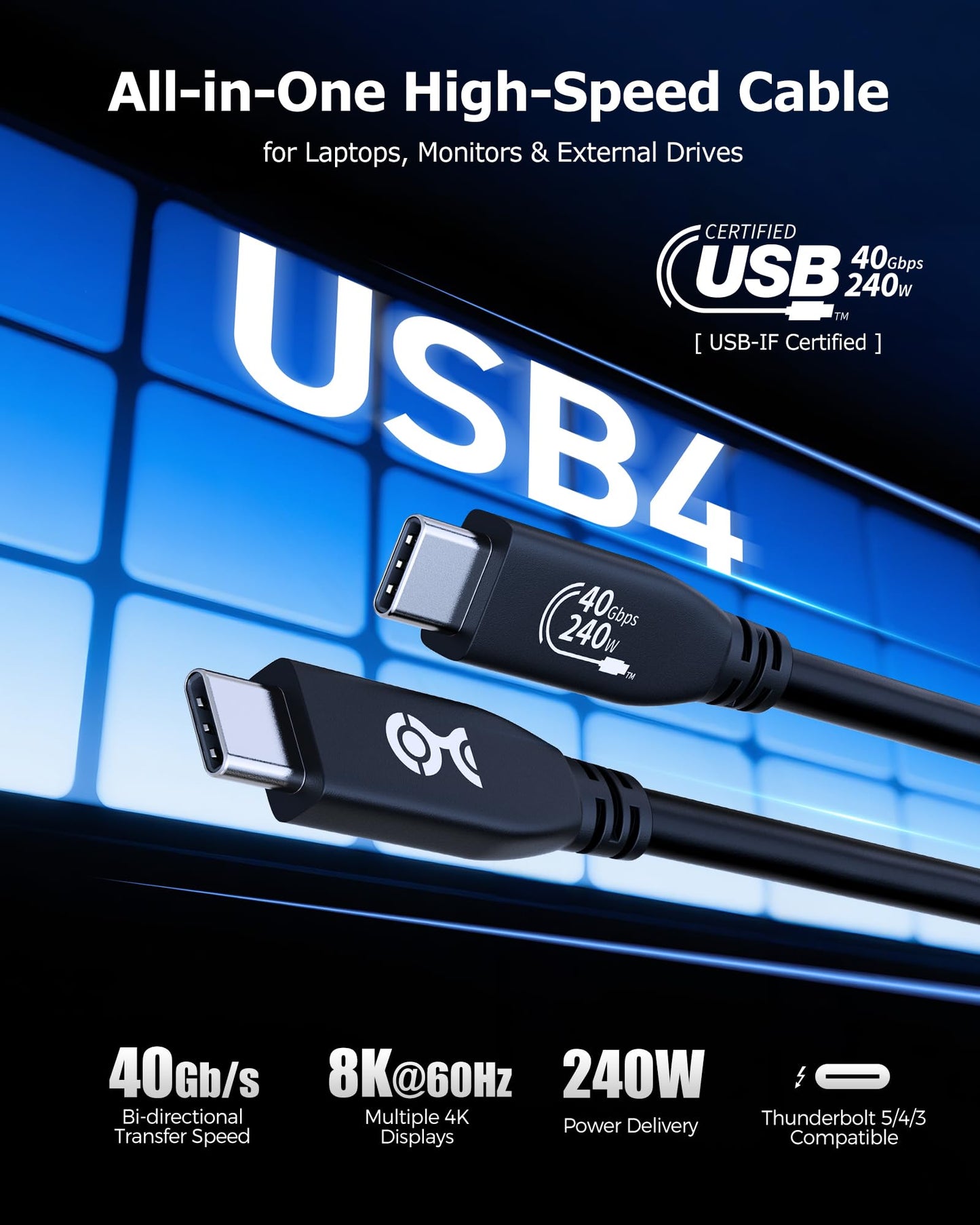 Cable Matters [USB-IF Certified] 40Gbps USB 4 Cable - 3.3ft, Supports Up to [8K@60Hz / 4K@240Hz Video, 240W Charging, 40Gbps Data Transfer] USB4
