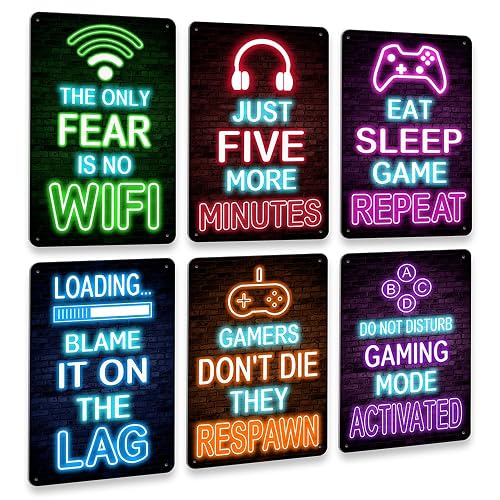 Drsoum Video Gamer Room Decor for Boys Gaming Wall Decor Neon Gaming Room Metal Sign 12 x 8 Inch Set of 6 - Gamer Wall Decor Teenage Boy Room Decor