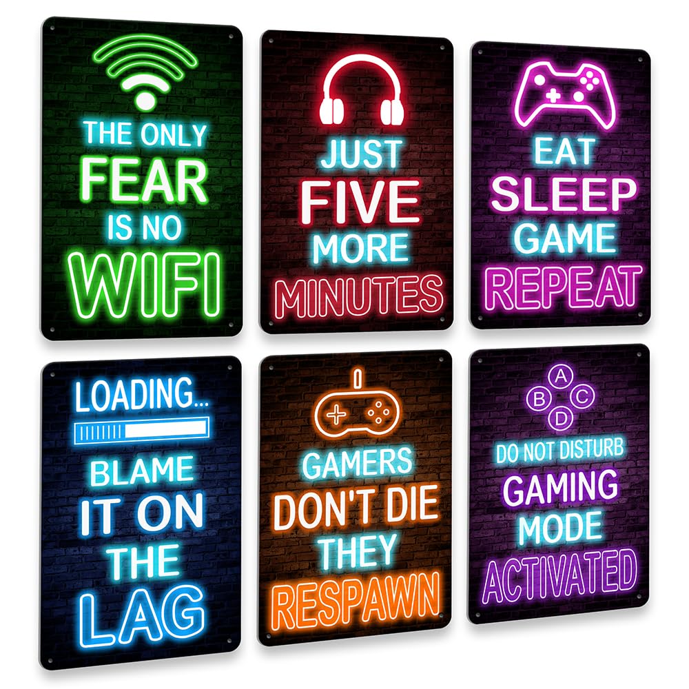 Drsoum Video Gamer Room Decor for Boys Gaming Wall Decor Neon Gaming Room Metal Sign 12 x 8 Inch Set of 6 - Gamer Wall Decor Teenage Boy Room Decor