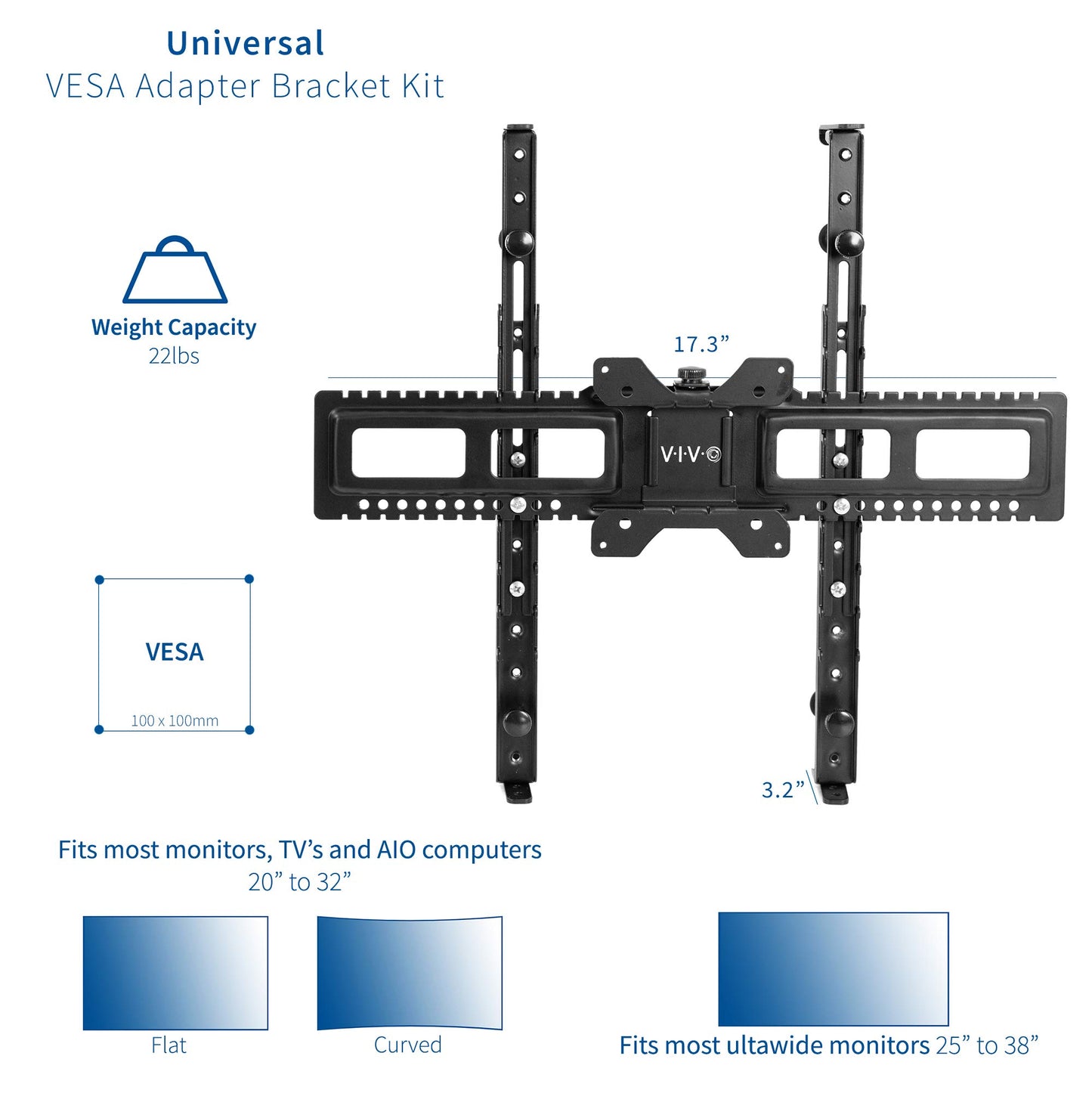 VIVO Universal Adapter VESA Mount Kit for 20 to 32 inch Flat and Curved Monitor Screens, 100x100mm Mounting Bracket, Black, MOUNT-UVM01