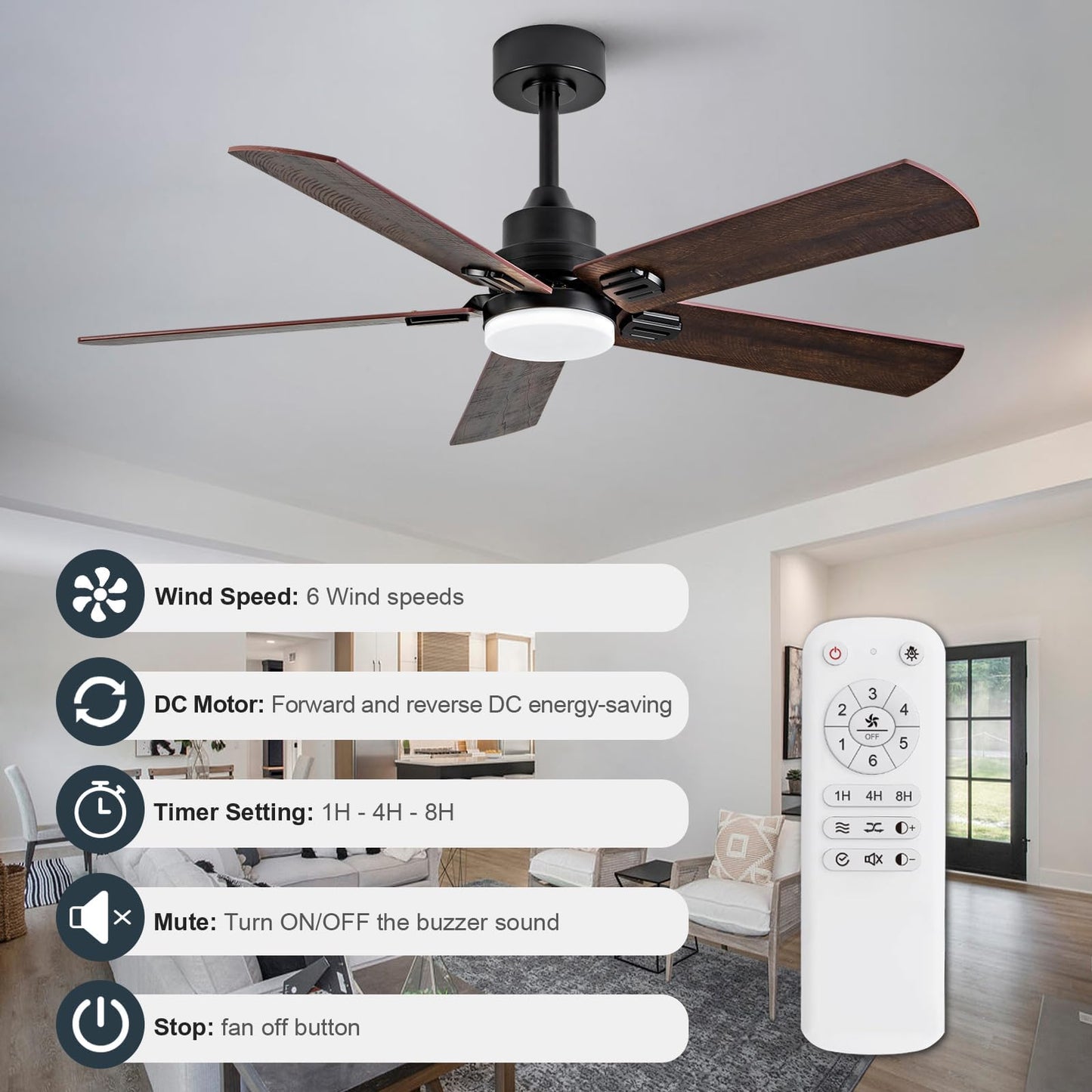 BOOMJOY 52 Inch Black Outdoor Ceiling Fans with Lights and Remote, Dimmable 5 Blade Outdoor Ceiling Fans for Patios, Modern Ceiling Fan with Light