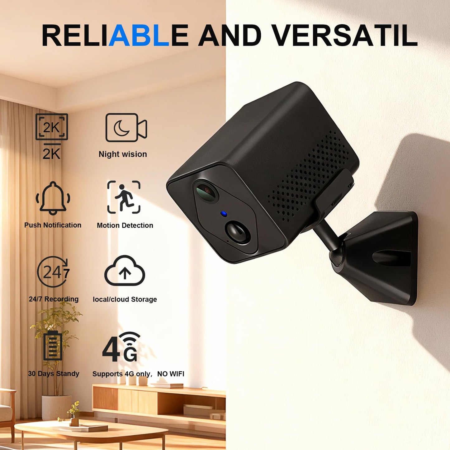 ASZZCHT 4G Surveillance Camera, Security Camera, 2K HD Indoor/Outdoor Security Camera, HD Night Vision, AI Motion Detection