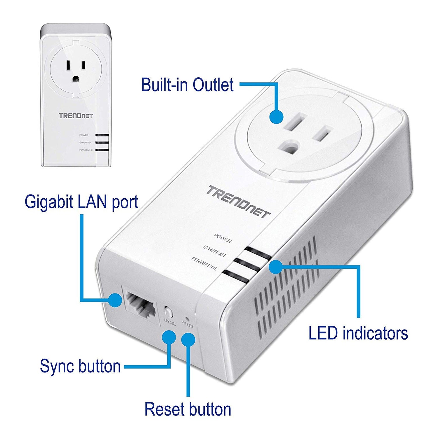 TRENDnet Powerline 1300 AV2 Adapter with Built-in Outlet Adapter Kit, Includes 2 x TPL-423E Adapters, IEEE 1905.1 & IEEE 1901, Gigabit Port, Range Up