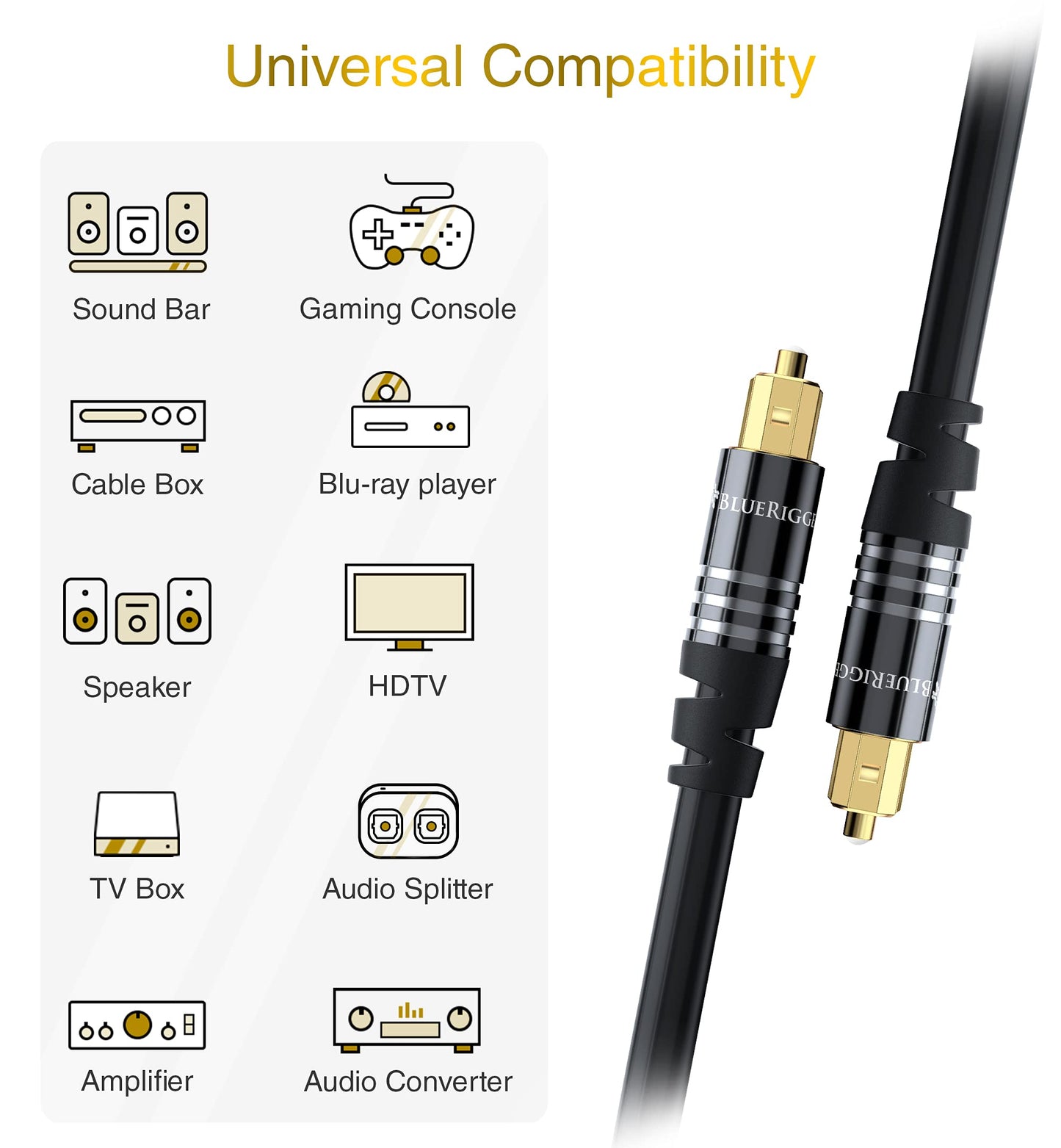 BlueRigger Digital Optical Audio Toslink Cable (100FT, Fiber Optic, Aluminum Shell, 24K Gold-Plated) - Compatible with Home Theatre, Sound Bar, TV