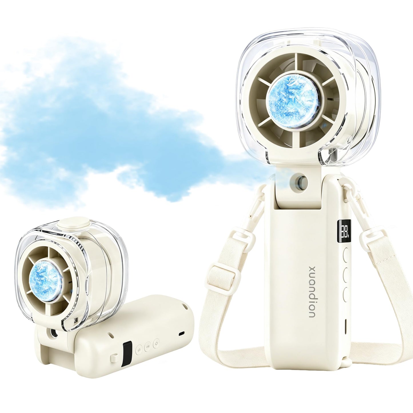 Sovrelon 2-in-1 Handheld Portable Misting Fan with Hydrating Mist & Ice Cooling, 6-Speed High-Speed Rechargeable Mini Cordless Fan, Personal Foldable