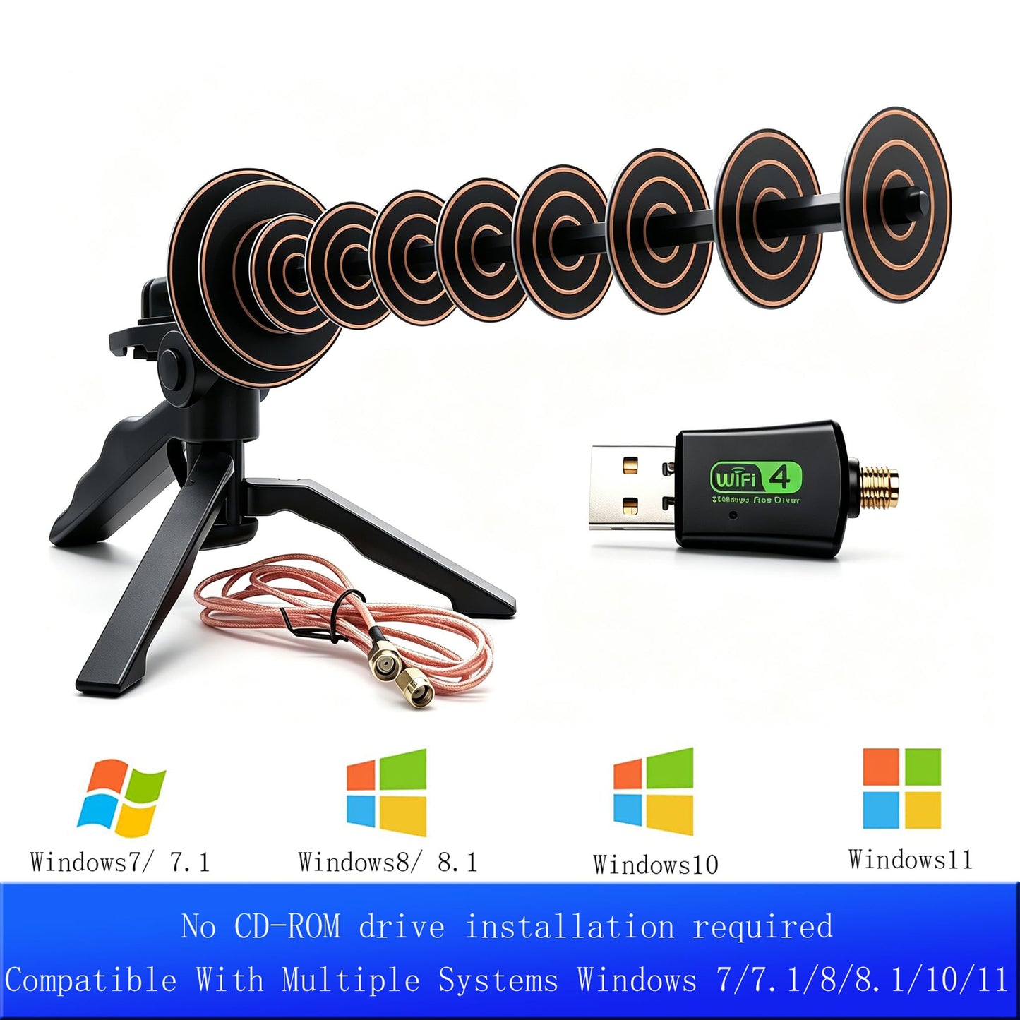 Plug-and-Play 300Mbps USB Wireless Network Adapter with 14dBi Yagi 2.4GHz WiFi Directional Antenna for Laptops and Desktops with Long-Range Signal