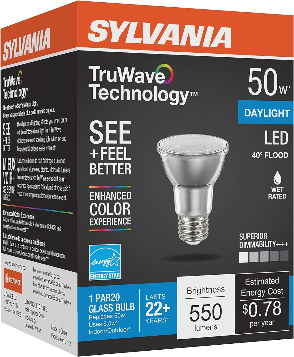 Sylvania LED TruWave Natural Series PAR20 Light Bulb, 50W Equivalent, Efficient 6W, Medium Base, Dimmable, 5000K, Daylight - 1 Pack (40921)