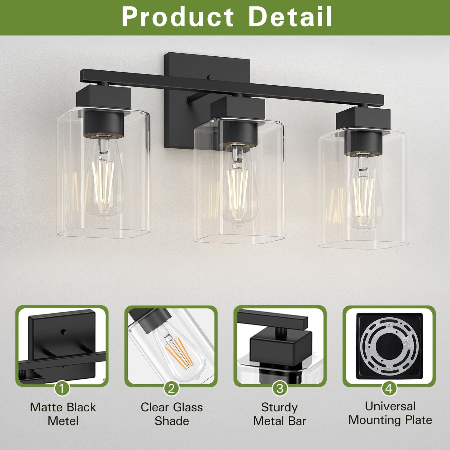 Espird Matte Black Bathroom Vanity Light, 3-Light Vanity Lighting fixtures Over Mirror, Square Design & UL Certification, Wall Sconces with Clear