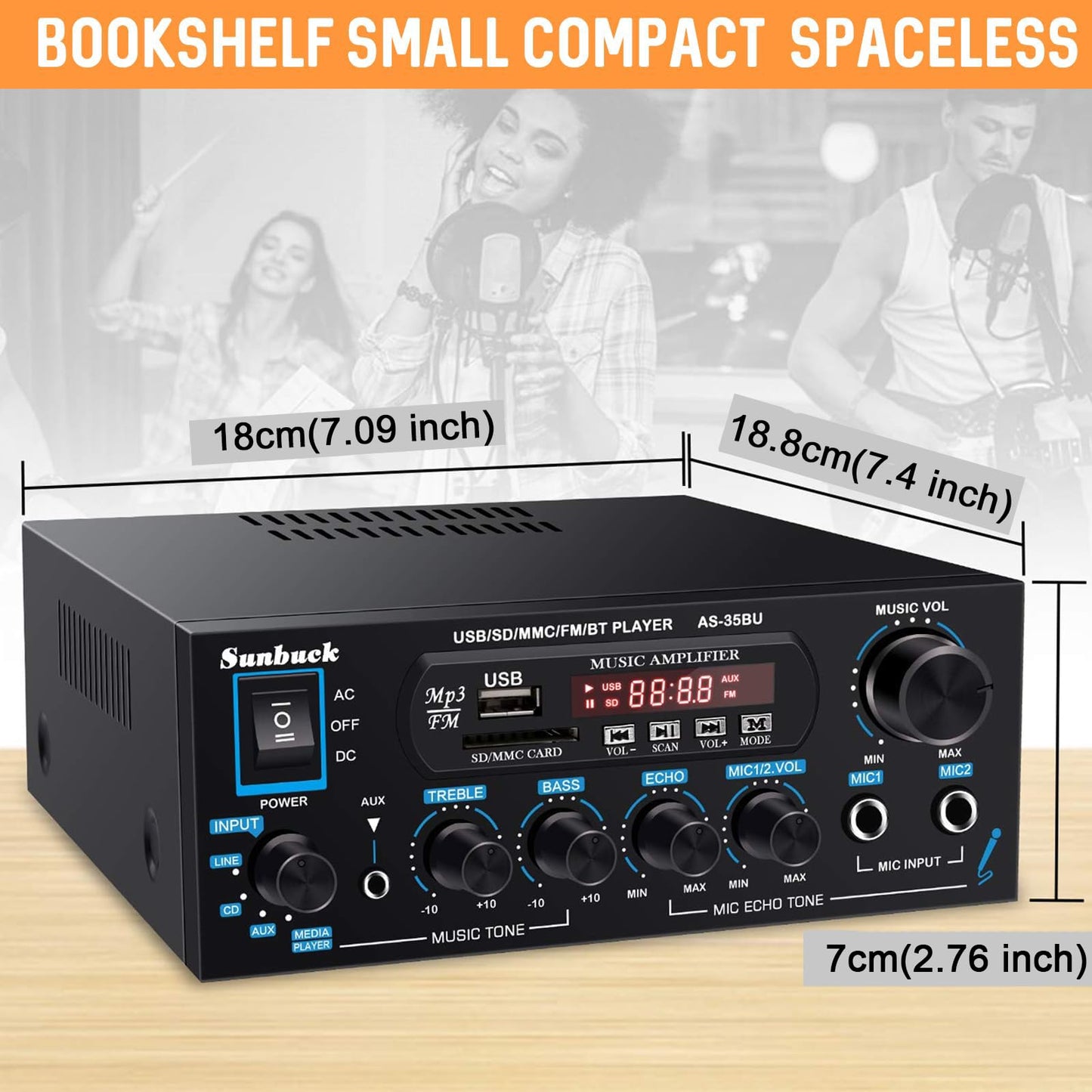 Sunbuck Small Amplifier, 400Wx2 Stereo Receiver for Home Audio, Optical/Coaxial Jacks for TV/CD/DVD/LP/PC, Support 192kHz Audio, Bluetooth Amplifier