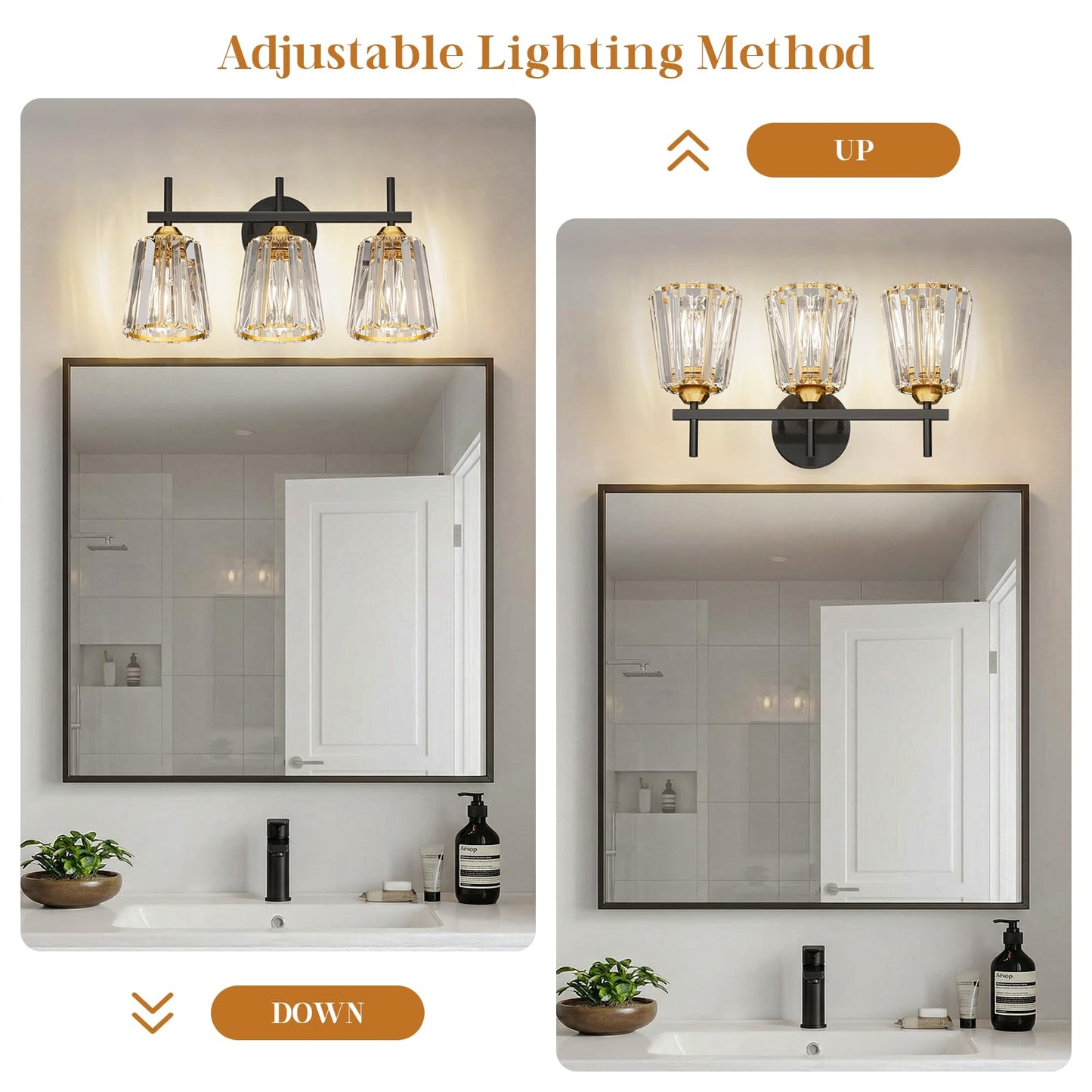 KernLite Crystal Bathroom Light Fixtures Over Mirror, Black Gold 3-Light Bathroom Vanity Lights Over Mirror Modern Wall Lighting Sconces with Ceramic