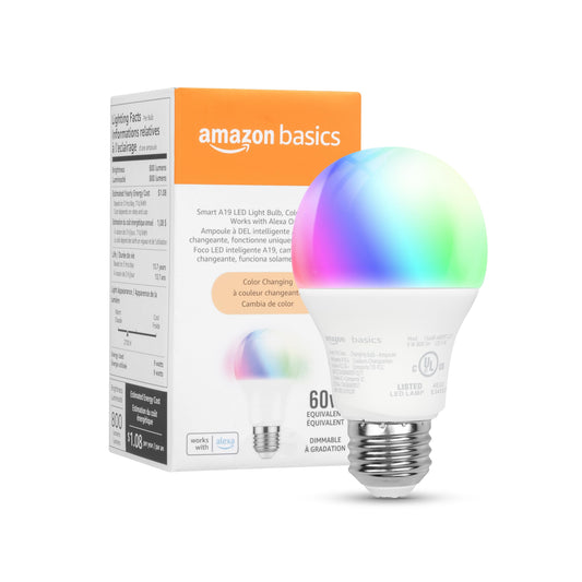 Amazon Basics Smart A19 LED Light Bulb, Color Changing, 9W (60W Equivalent), 800LM, Works with Alexa Only, WiFi 2.4 GHz, No Hub Required, Mood
