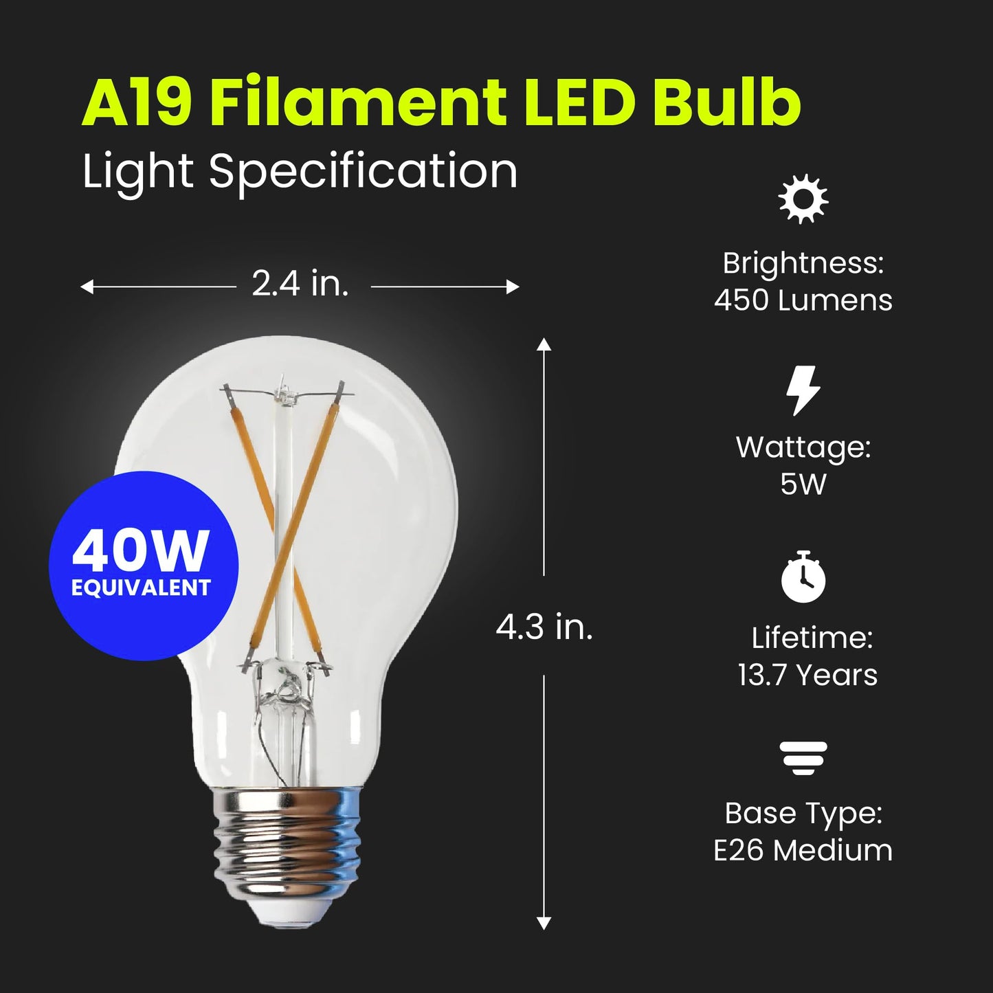 Feit Electric LED Clear A19 Medium Base Light Bulb - 40W Equivalent - 15 Year Life - 450 Lumen - 2700K Soft White - Dimmable | 4-Pack
